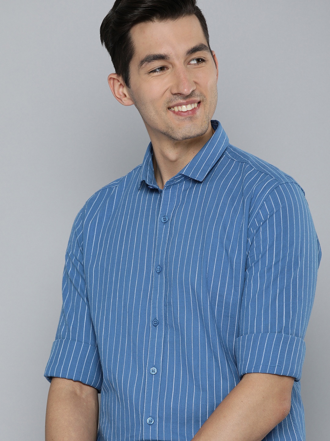 

Mast & Harbour Men Blue & White Striped Pure Cotton Casual Shirt