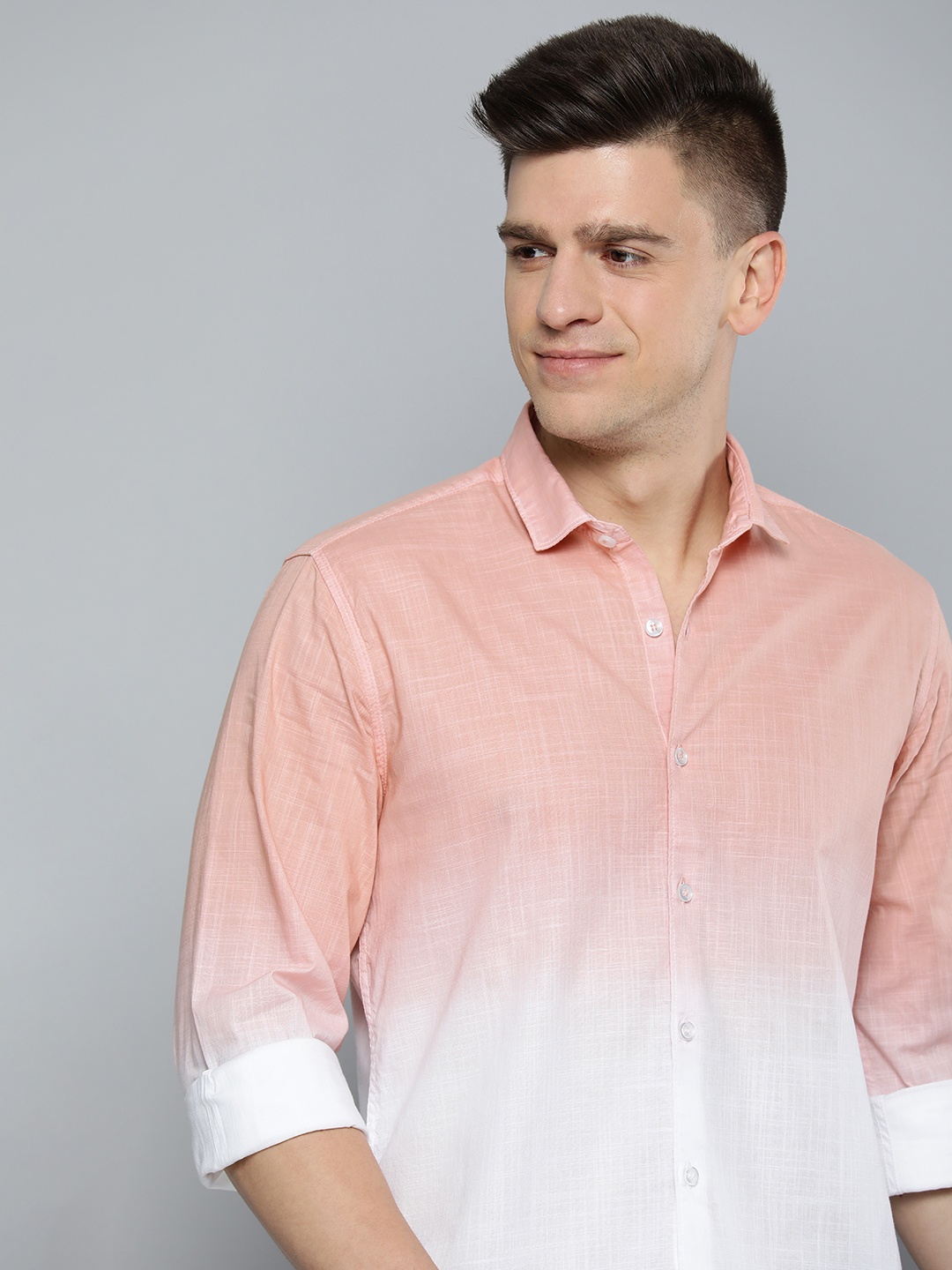 

Mast & Harbour Men Peach-Coloured & White Ombre Dyed Casual Pure Cotton Shirt