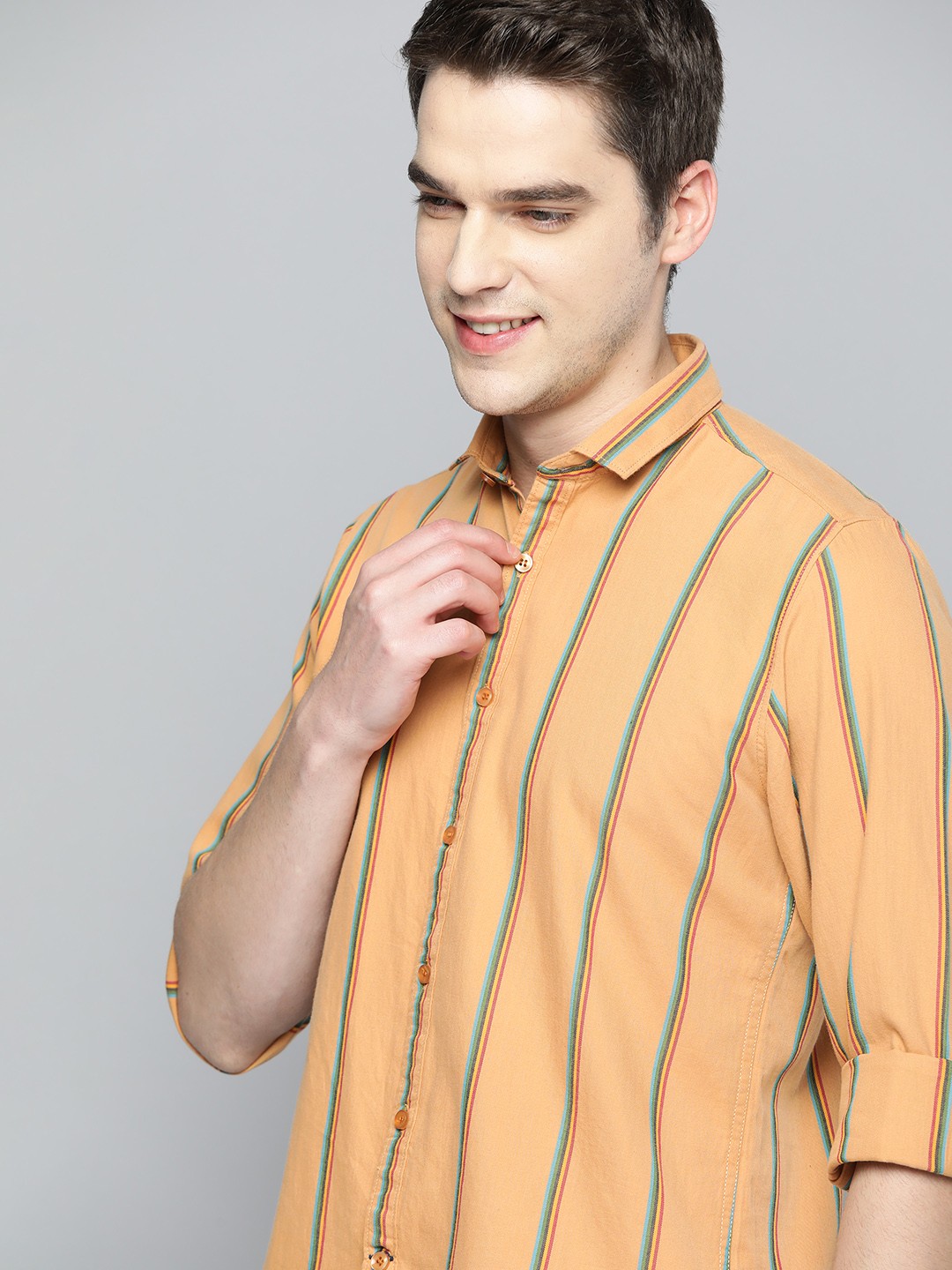 

Mast & Harbour Men Beige & Blue Pure Cotton Striped Casual Shirt