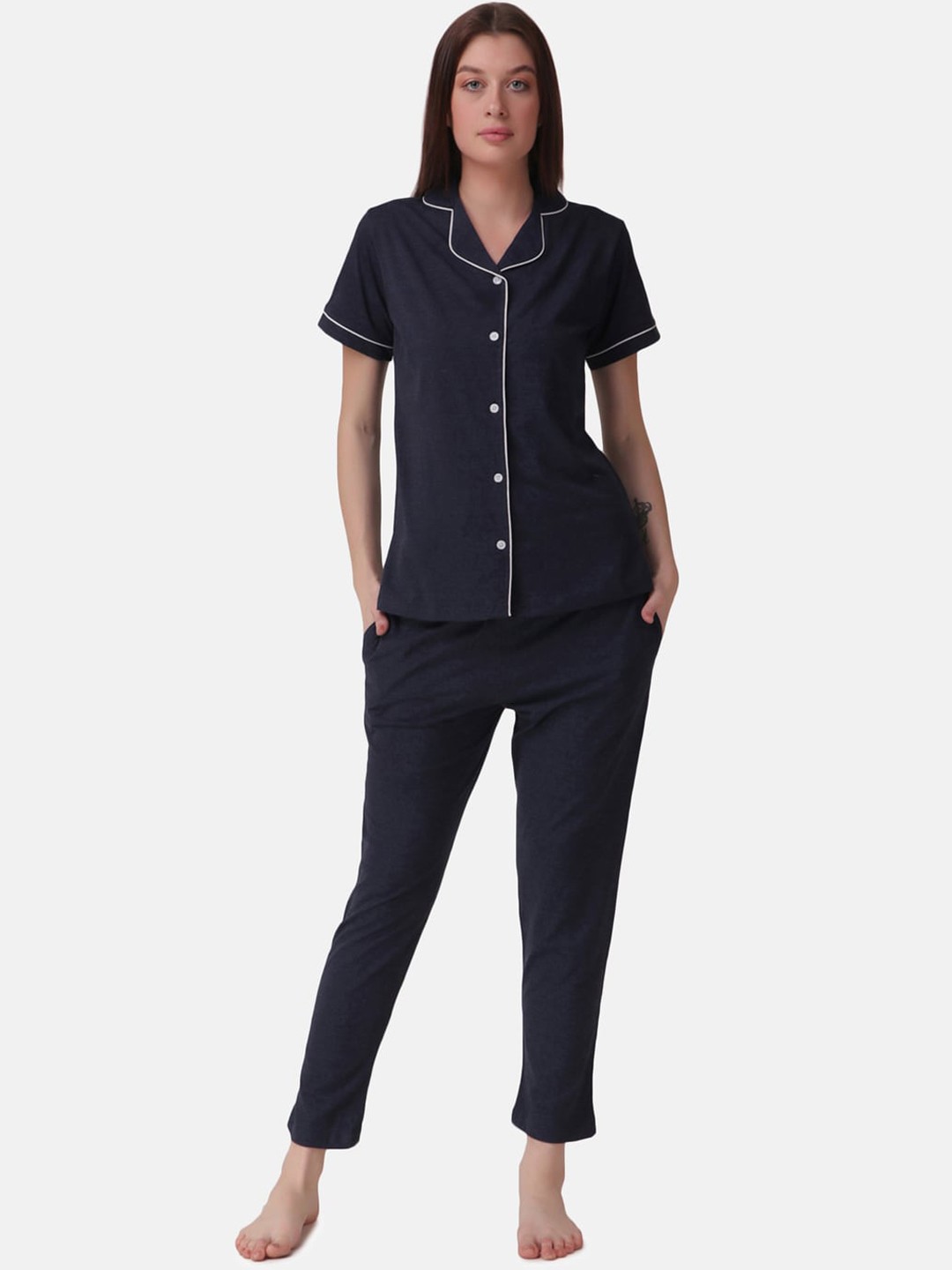 

Masha Women Navy Blue & White Solid Pure Cotton Night suit