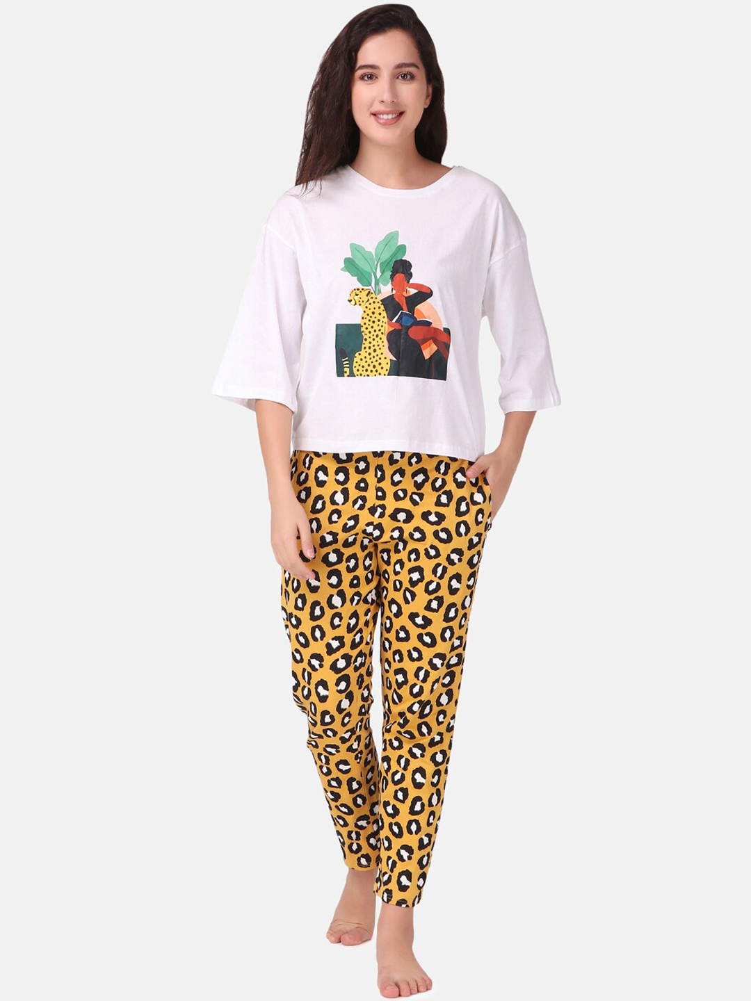 

Masha Women Yellow & White Cheetah Printed Pure Cotton Night suit