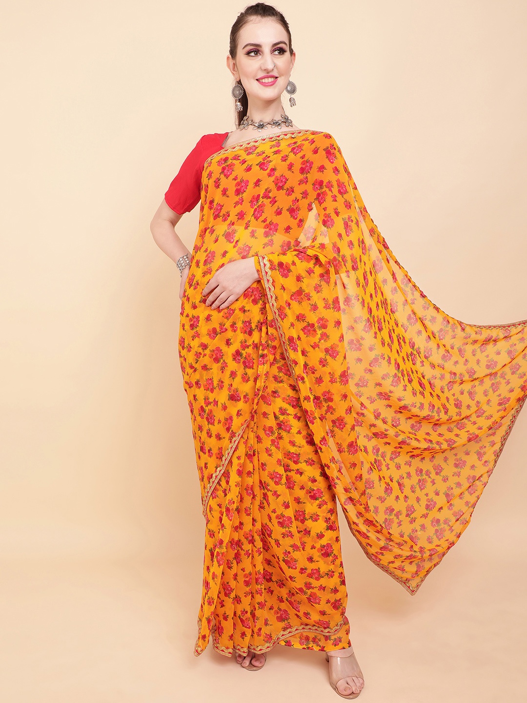 

Sangria Mustard & Orange Floral Embroidered Pure Georgette Saree