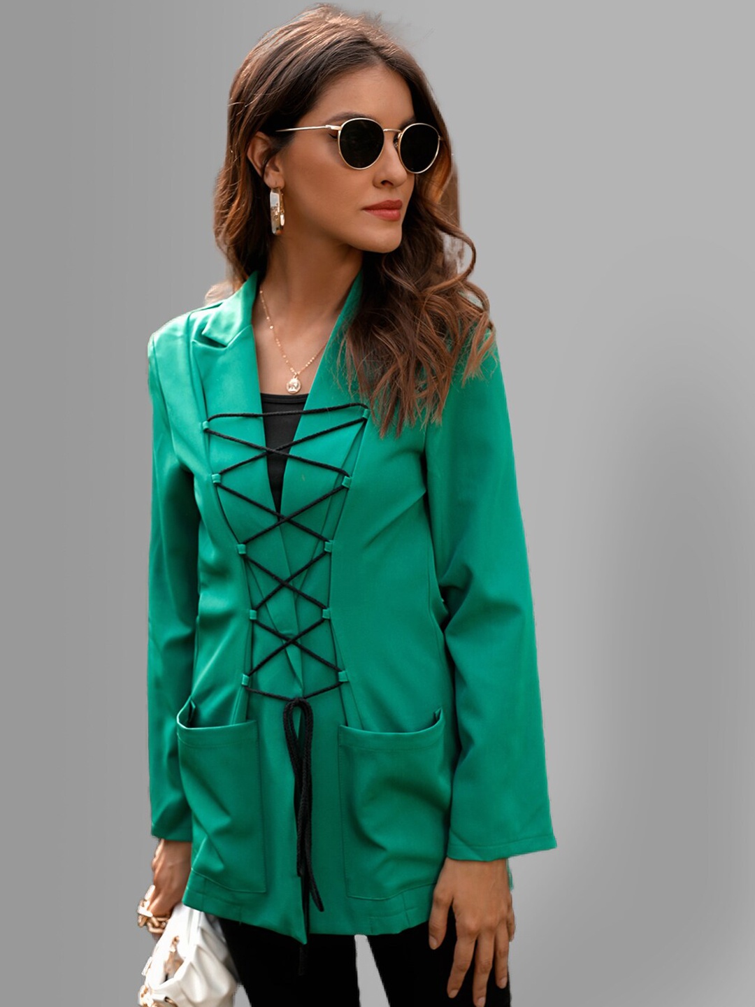

JC Collection Women Green Solid Single-Breasted Coat