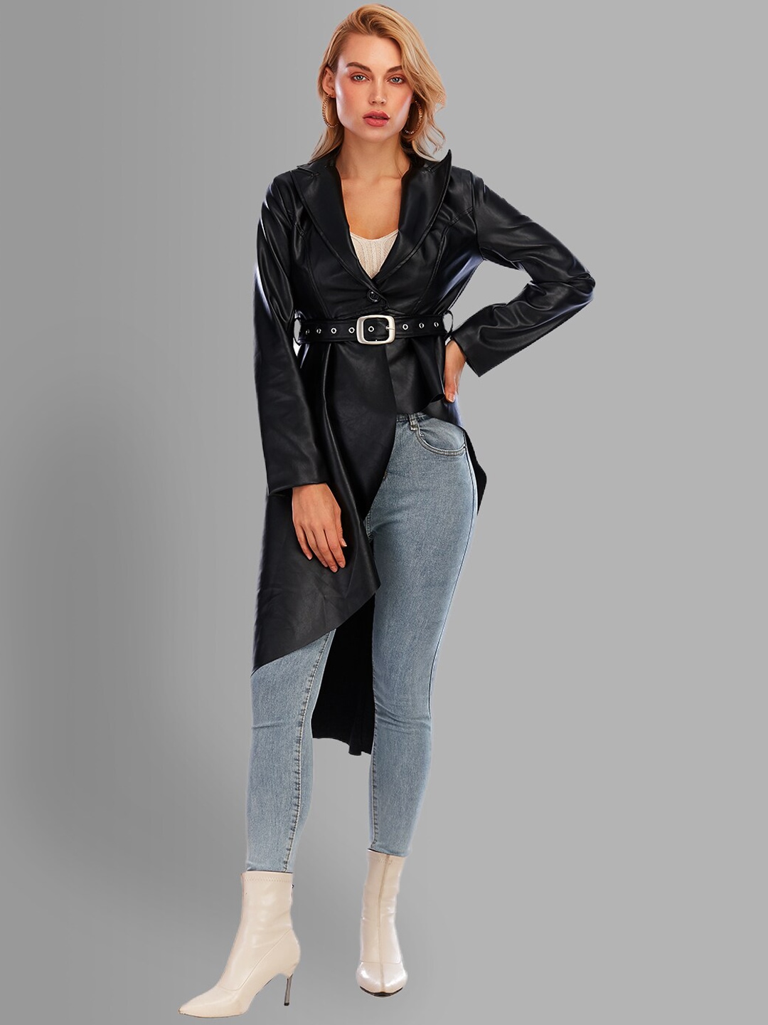 

JC Collection Women Black Solid Asymmetric Longline Trench Coat