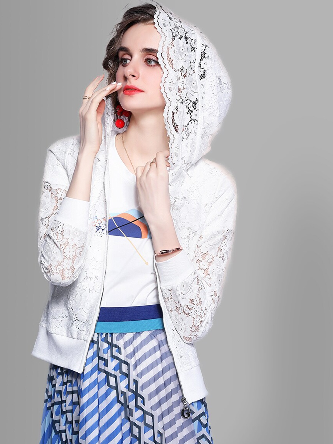 

JC Collection Women White Self-Design Hooded Overcoat