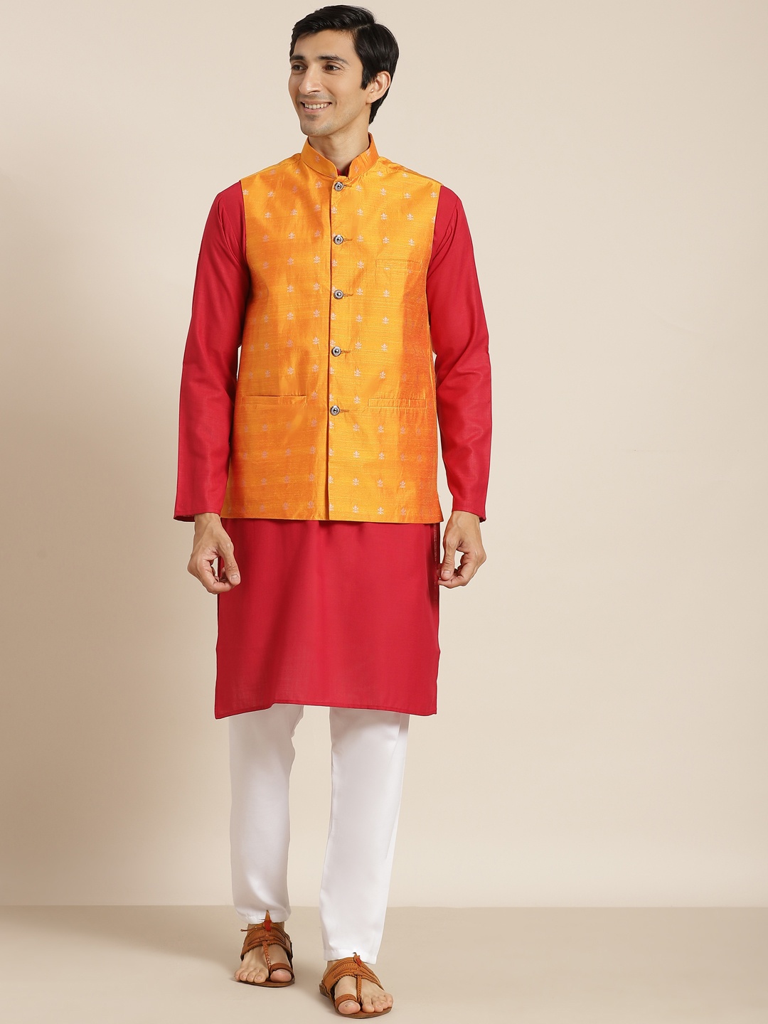 

SOJANYA Men Red & White Solid Kurta with Churidar & Nehru Jacket