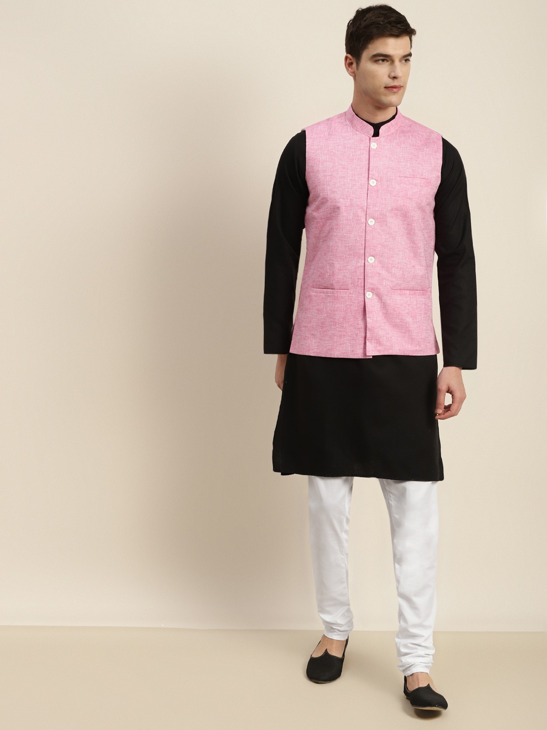 

SOJANYA Men Black & Pink Kurta with Churidar & Nehru Jacket