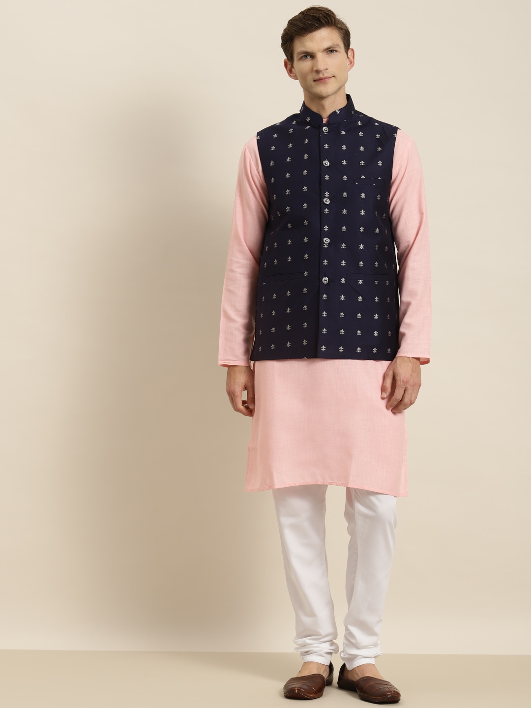 

SOJANYA Men Pink & Navy Blue Kurta with Churidar & Nehru Jacket