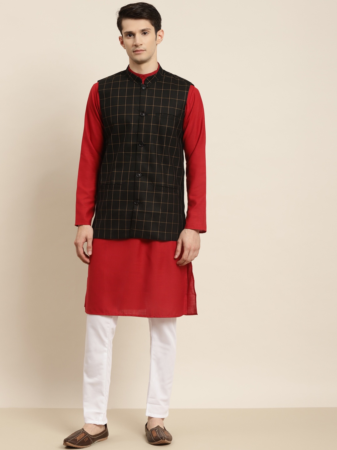 

SOJANYA Men Red & Black Kurta with Churidar & Nehru Jacket