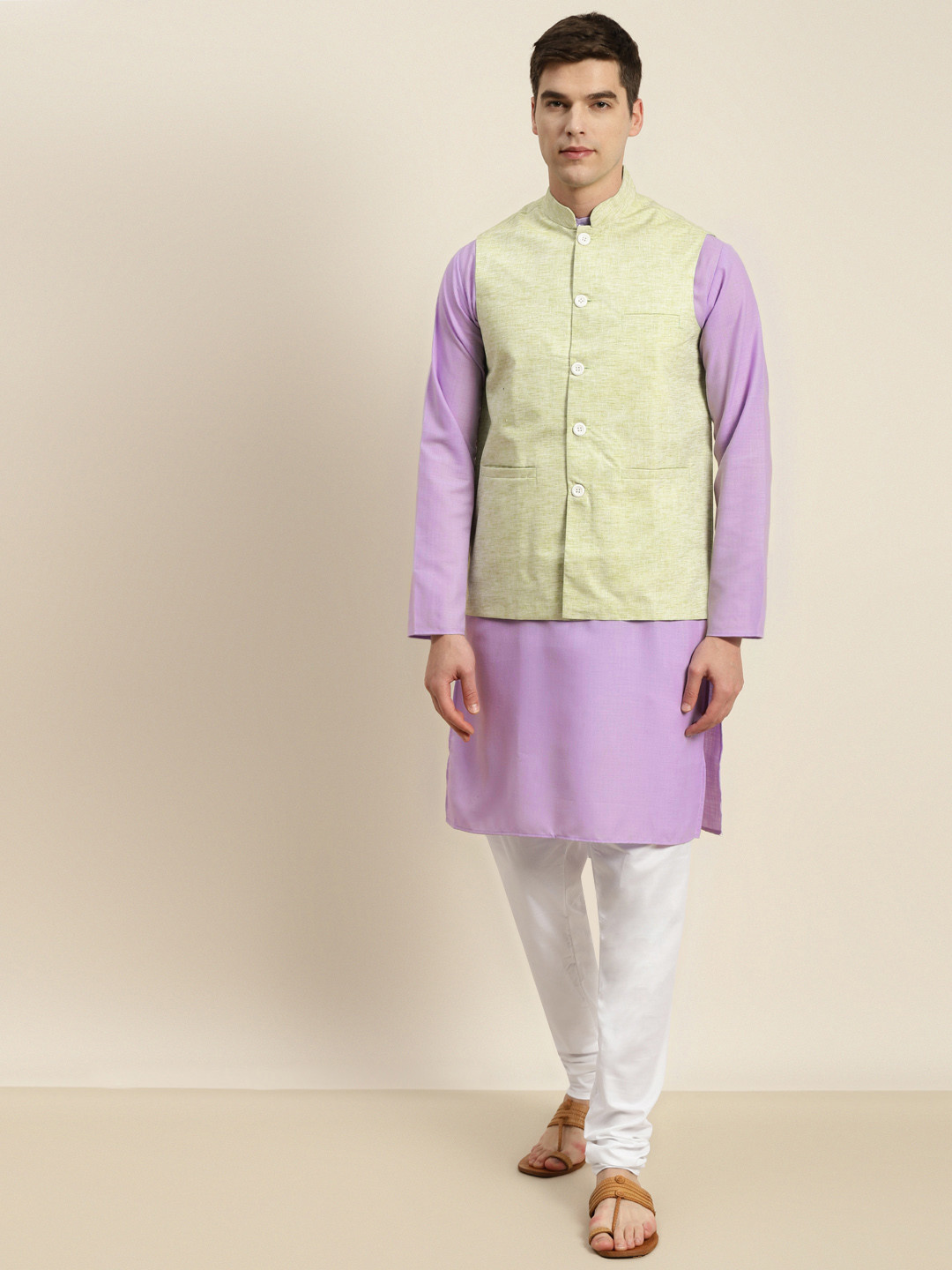 

SOJANYA Men Lavender & Green Kurta with Churidar & Nehru Jacket