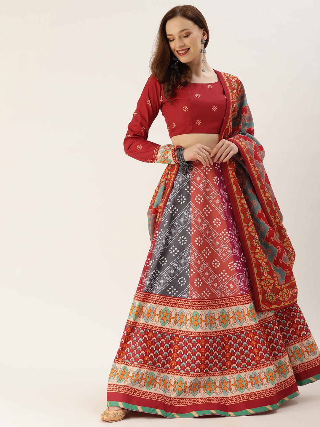 

LOOKNBOOK ART Maroon & Blue Printed Semi-Stitched Lehenga & Unstitched Blouse With Dupatta