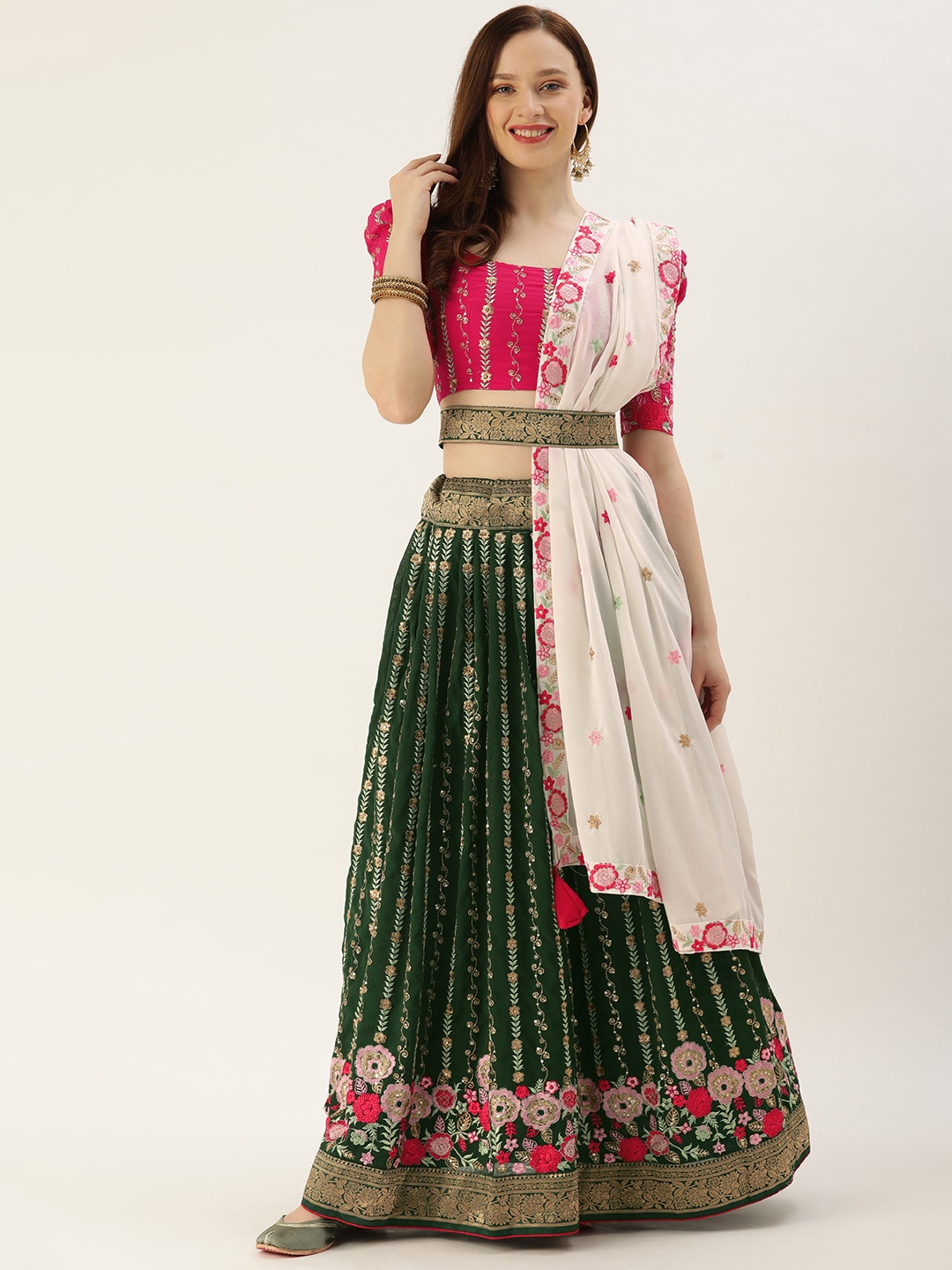 

LOOKNBOOK ART Green & Fuchsia Embroidered Sequinned Semi-Stitched Lehenga & Unstitched Blouse With Dupatta