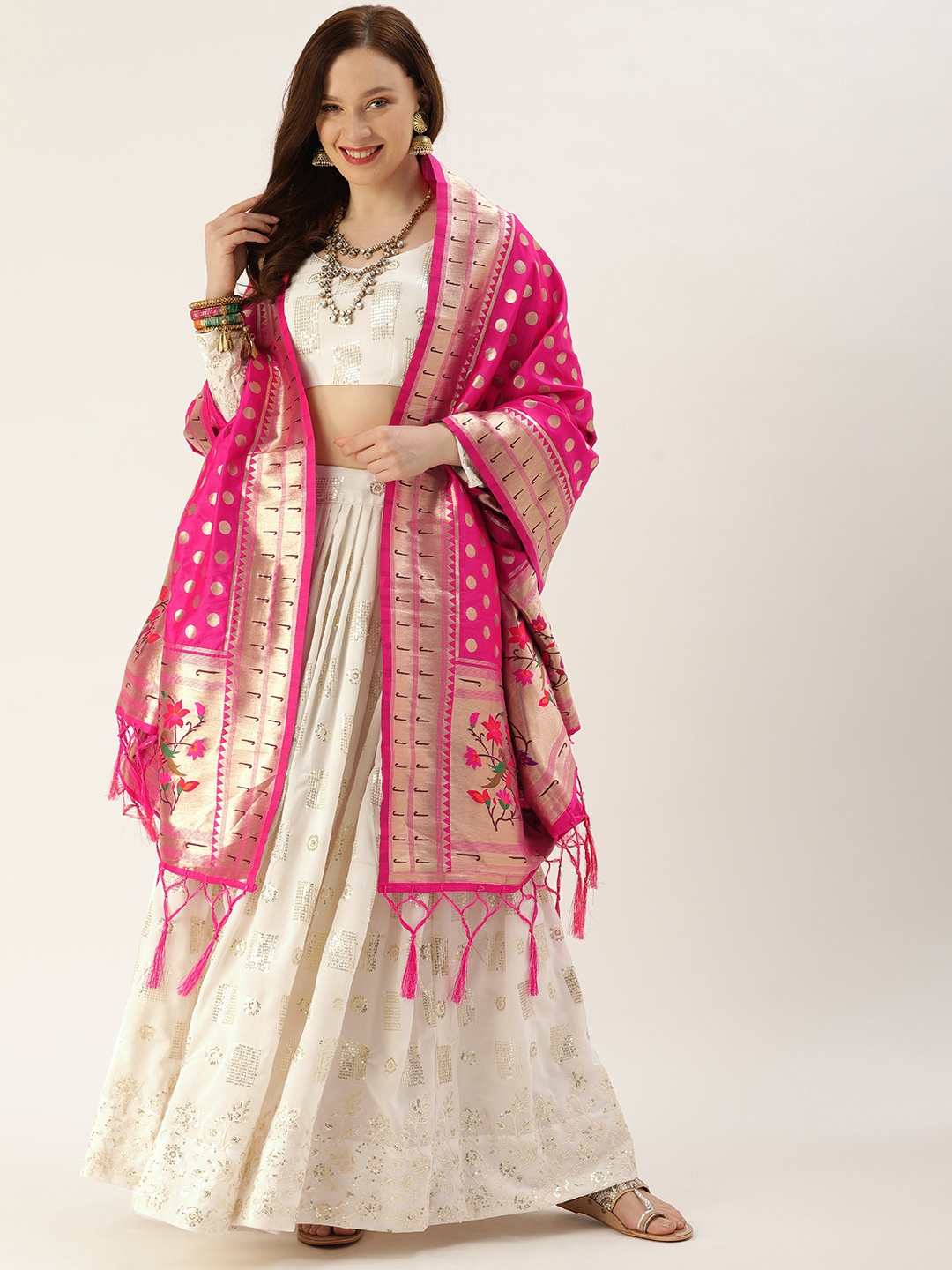 

LOOKNBOOK ART White & Fuchsia Embellished Sequinned Semi-Stitched Lehenga & Unstitched Blouse With Dupatta