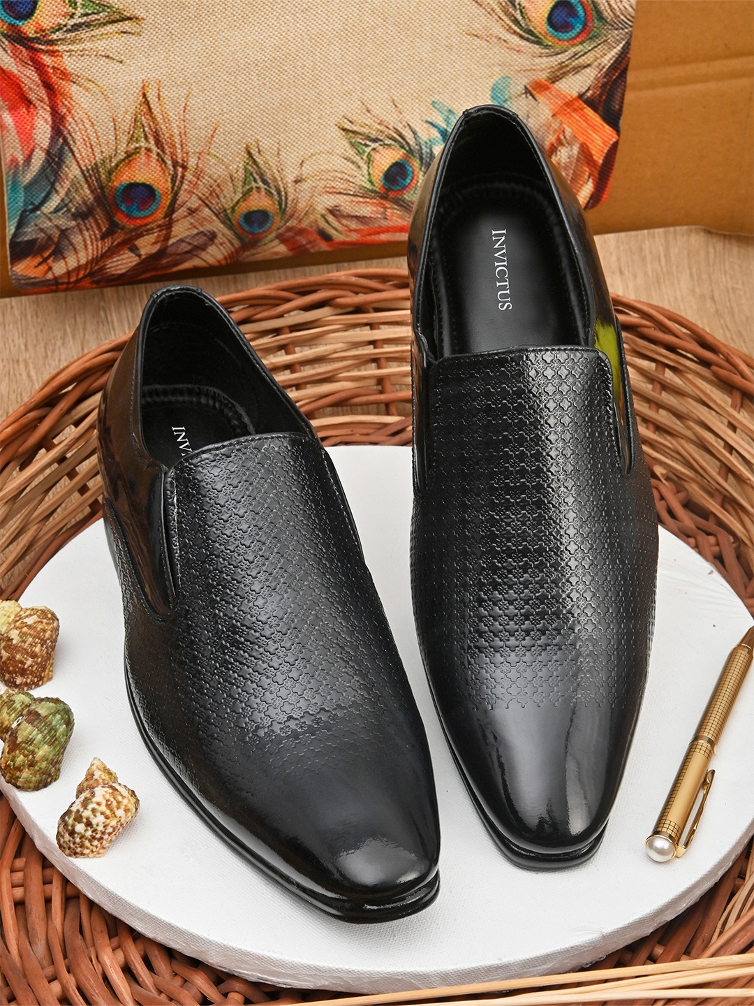 INVICTUS Men Black Textured Comfort Fit Formal Slip-Ons