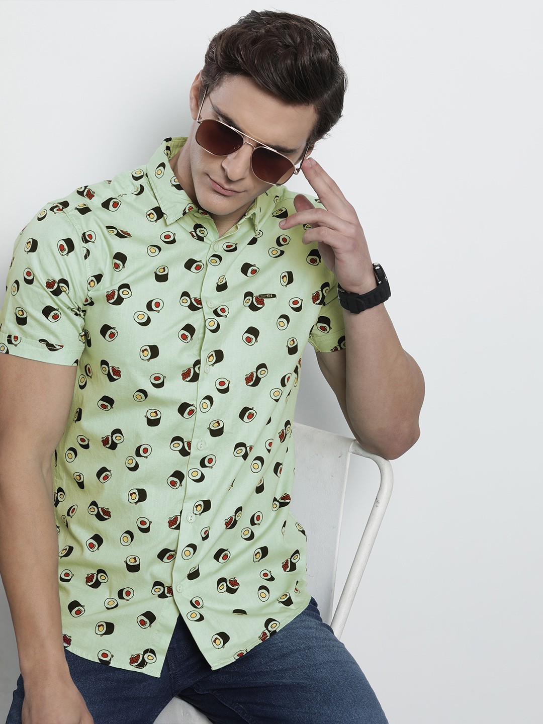 

The Indian Garage Co Men Regular Fit Conversational Printed Resortwear Shirt, Lime green