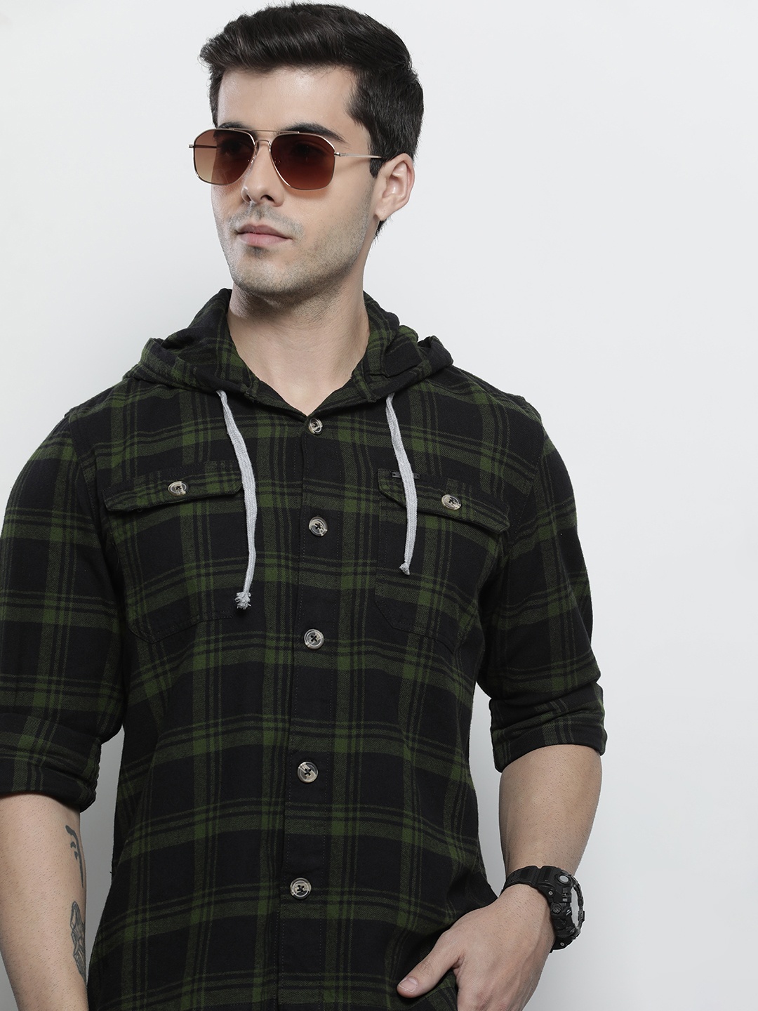 

The Indian Garage Co Men Checkered Hooded Shirt with Double Flap Pockets, Black