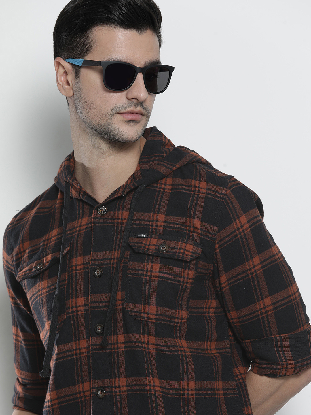 

The Indian Garage Co Men Checkered Hooded Shirt with Double Flap Pockets, Black