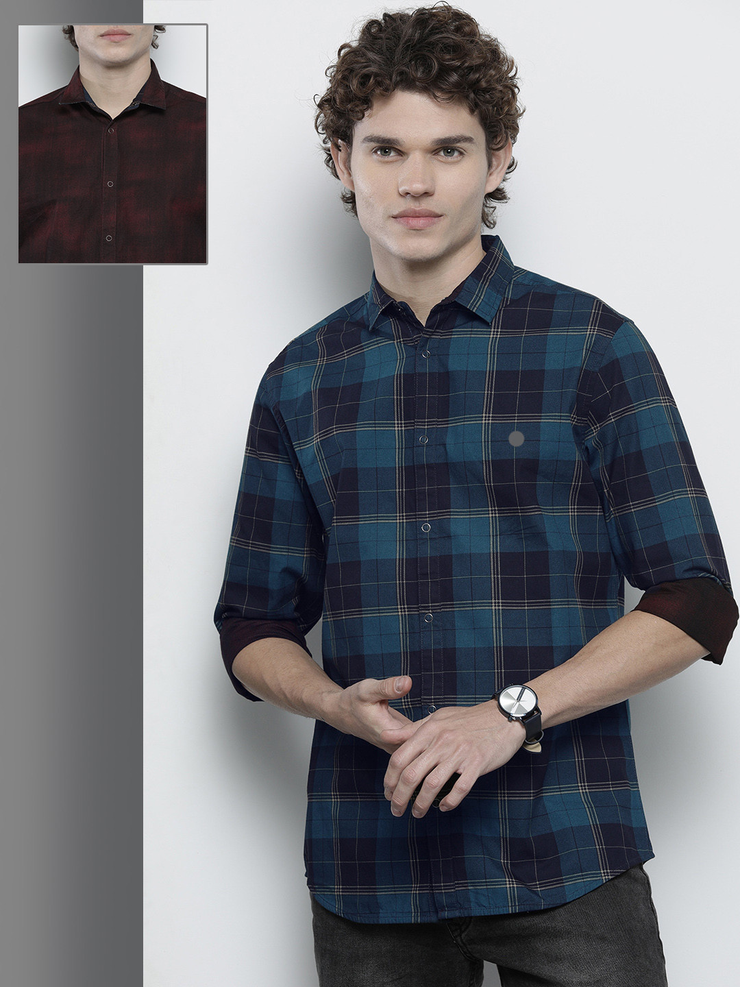 

The Indian Garage Co Men Navy Blue Comfort Tartan Checked Cotton Reversible Shirt