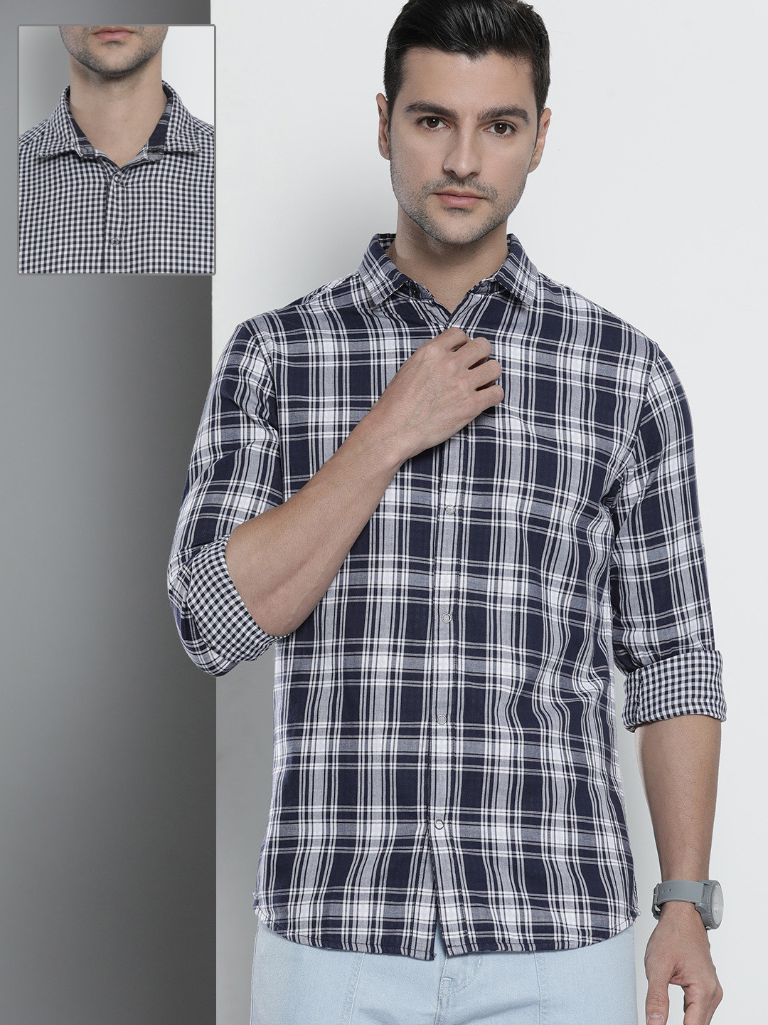 

The Indian Garage Co Men Navy Blue & White Comfort Micro Checked Cotton Reversible Shirt
