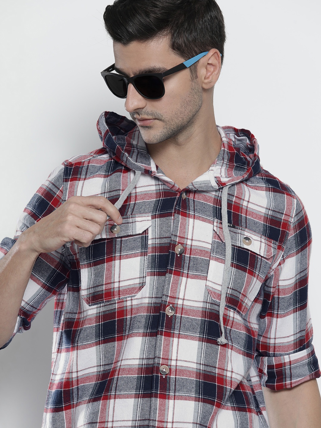

The Indian Garage Co Men Checkered Hooded Shirt with Double Flap Pockets, White