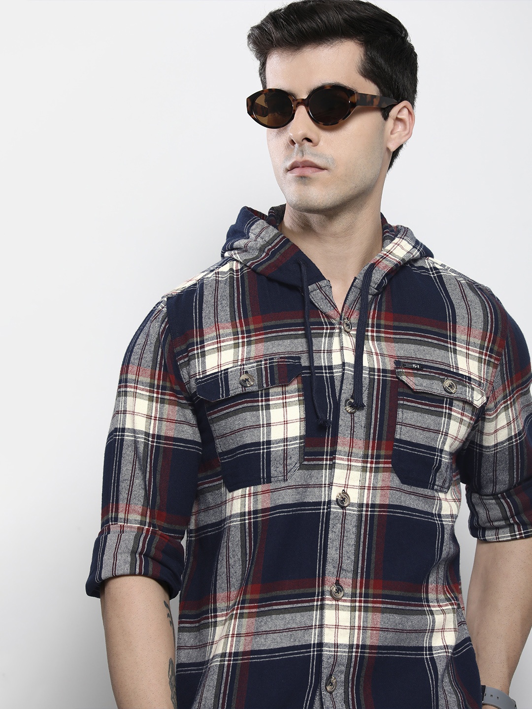 

The Indian Garage Co Men Checkered Hooded Shirt with Double Flap Pockets, Navy blue