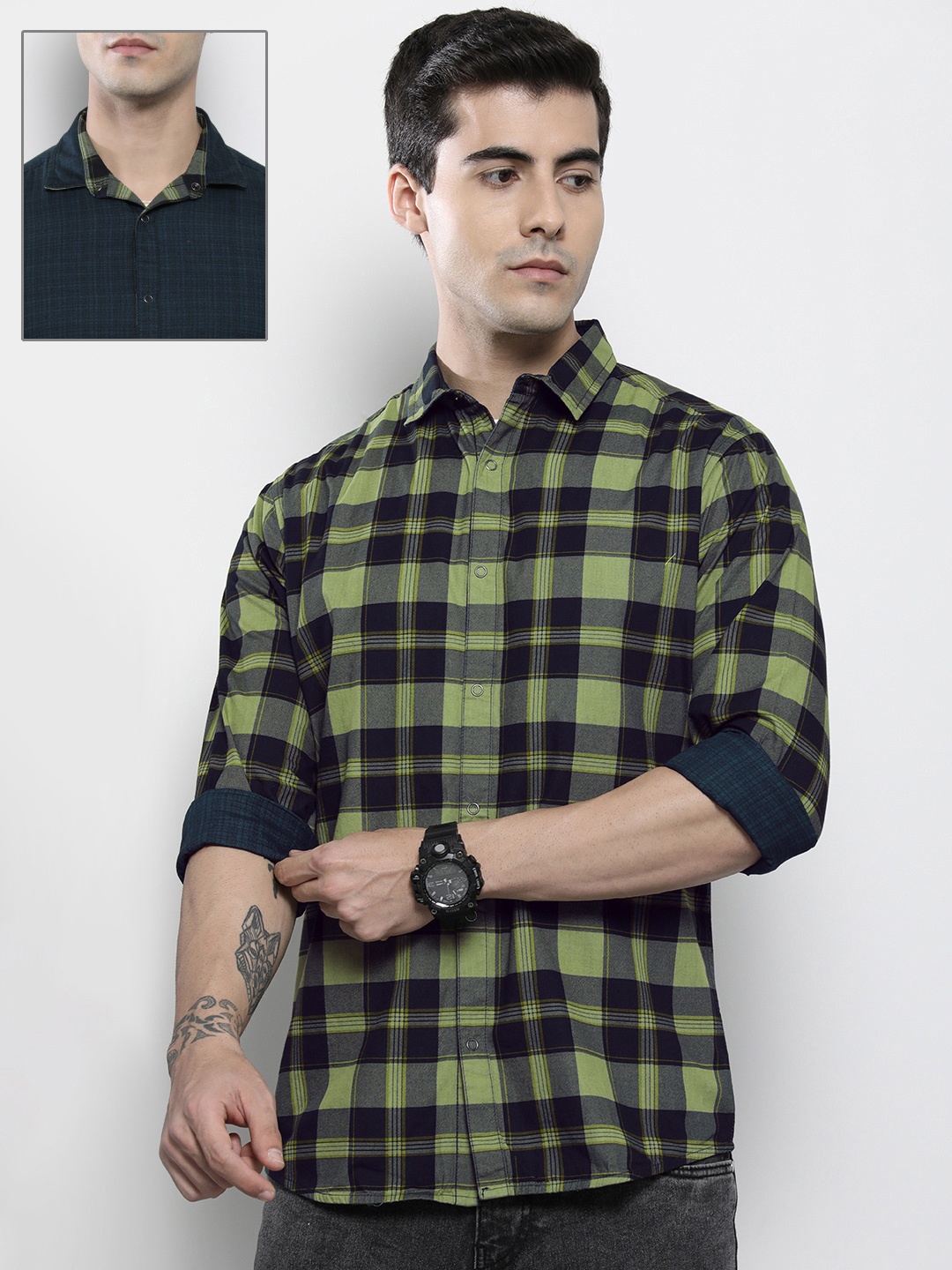 

The Indian Garage Co Men Green Reversible Comfort Checked Cotton Casual Shirt