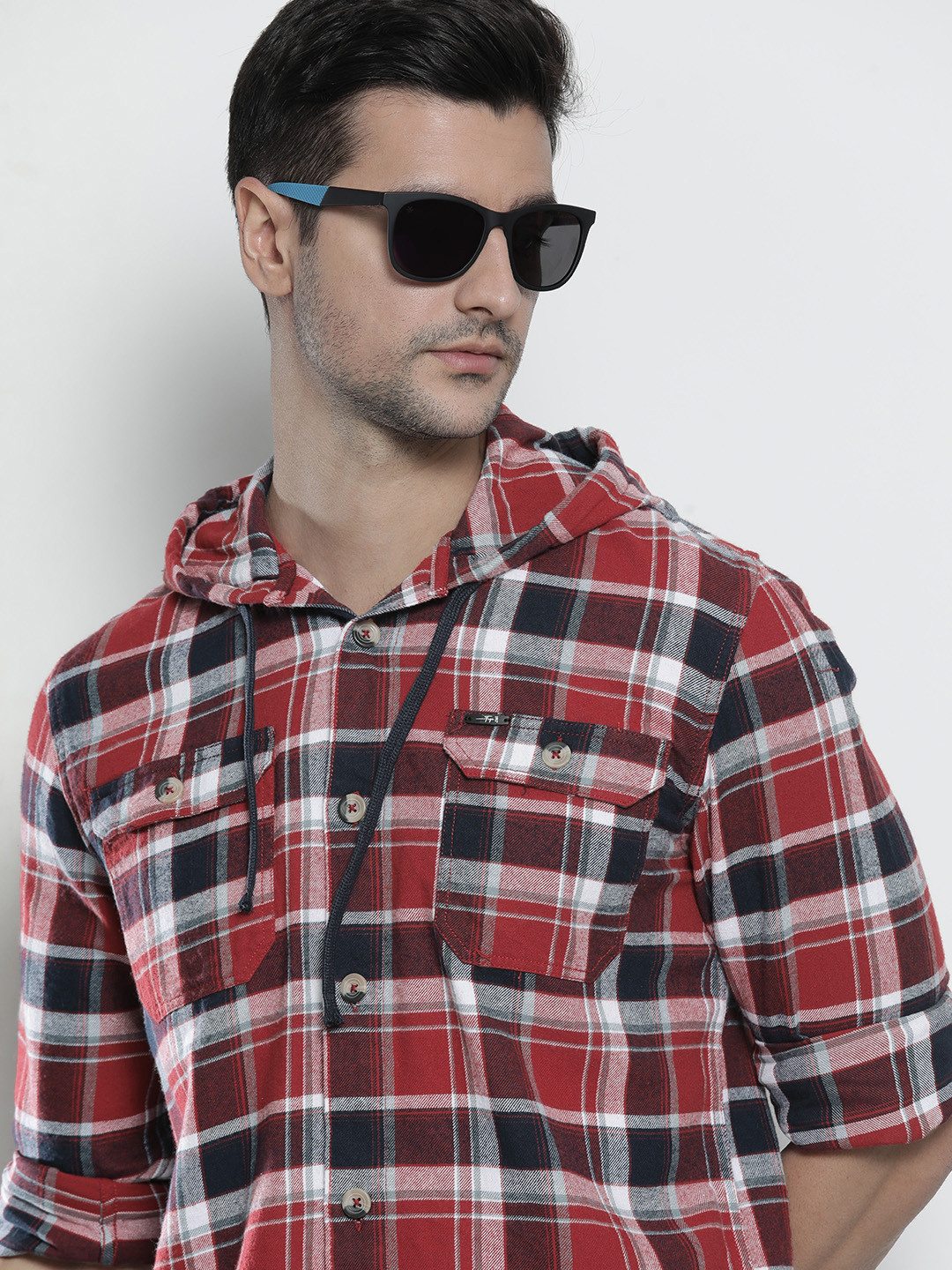 

The Indian Garage Co Men Checkered Hooded Shirt with Double Flap Pockets, Maroon