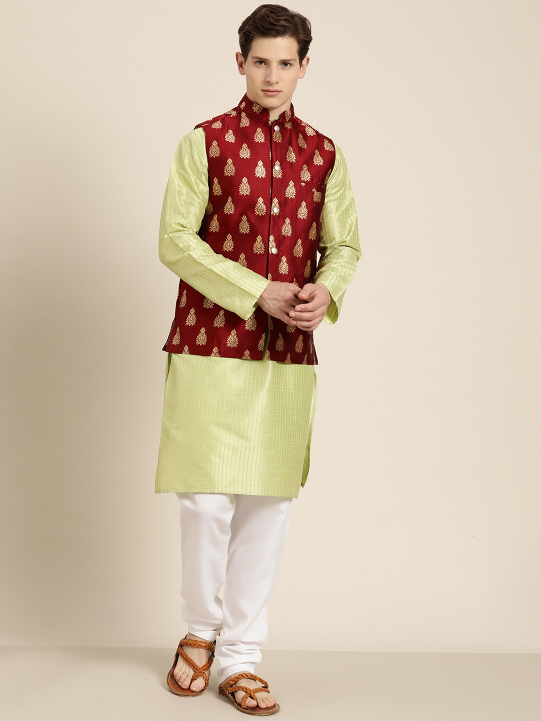 

SOJANYA Men Lime Green & Beige Striped Thread Work Straight Kurta Churidar Nehru Jacket