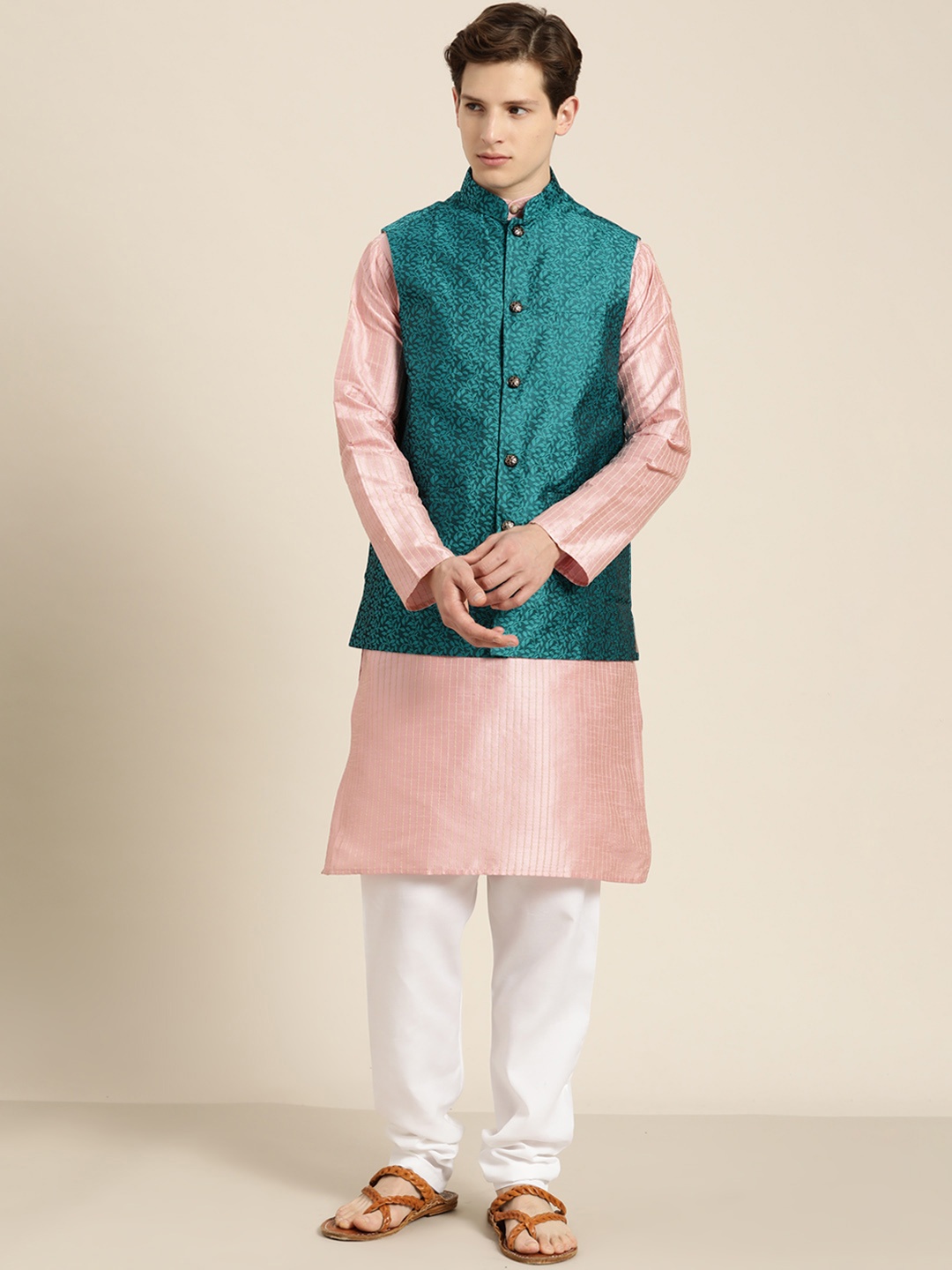 

SOJANYA Men Pink & Beige Striped Thread Work Straight Kurta Churidar Nehru Jacket