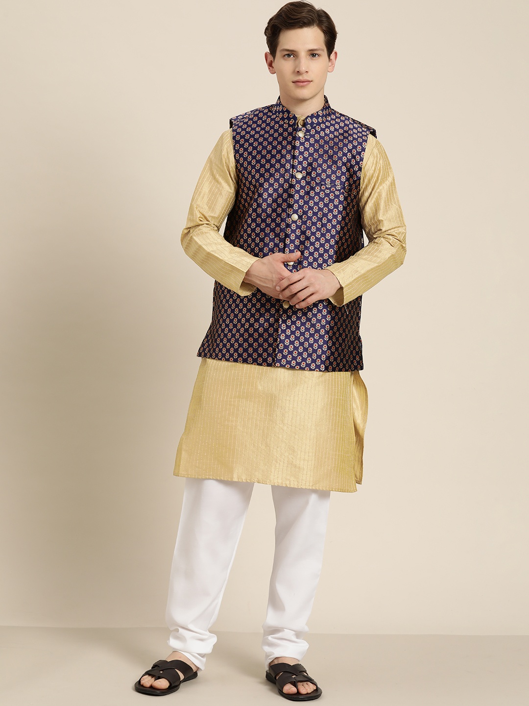 

SOJANYA Men Beige Striped Thread Work Straight Kurta Churidar with Woven Nehru Jacket