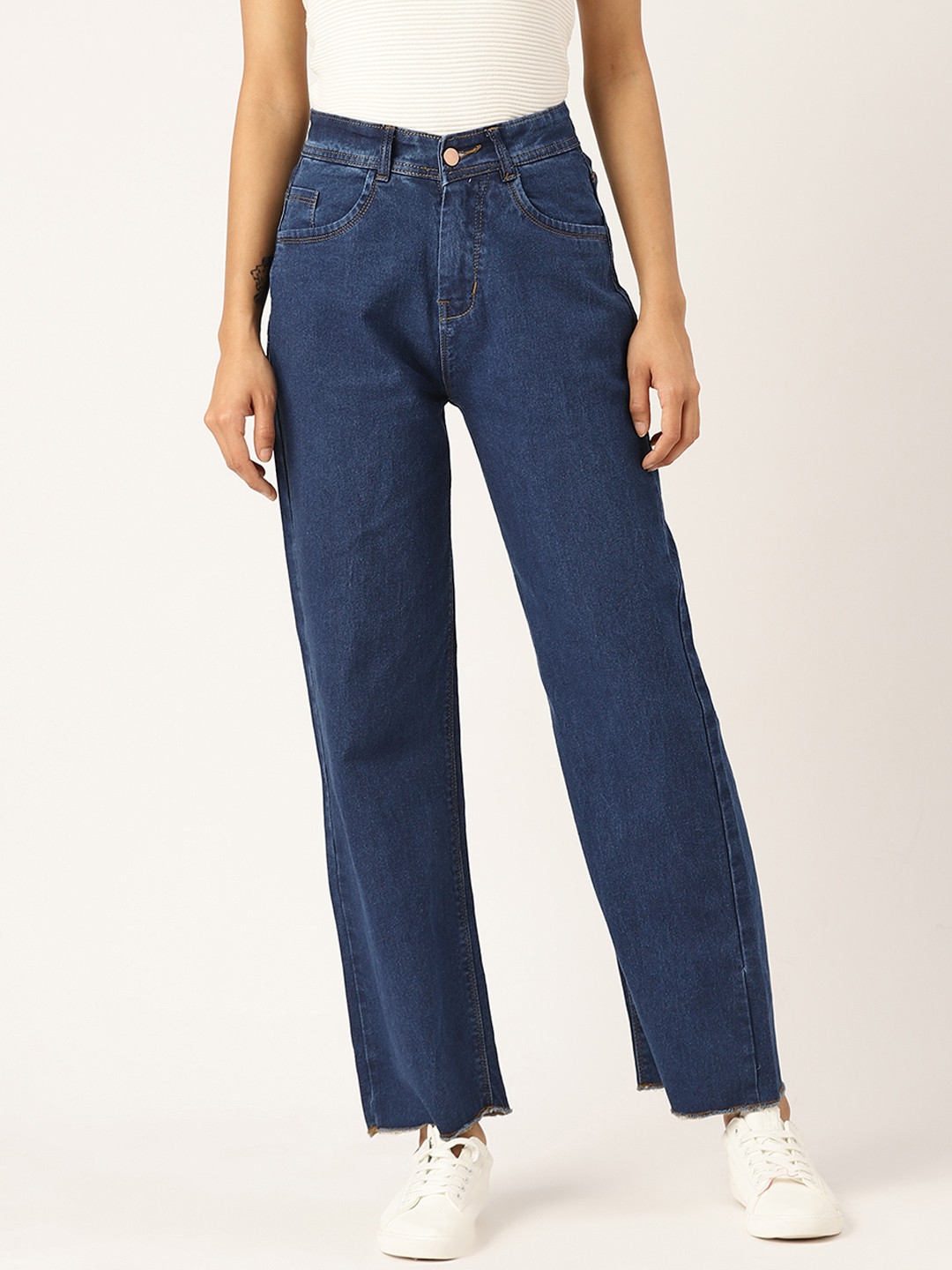 

BROOWL Women Navy Blue Loose Wide Leg Stretchable Cotton Cropped Jeans
