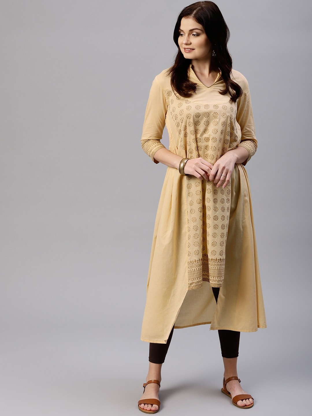 

Tulsattva Women Beige & Brown Ethnic Motifs Printed Cotton A-line Kurta