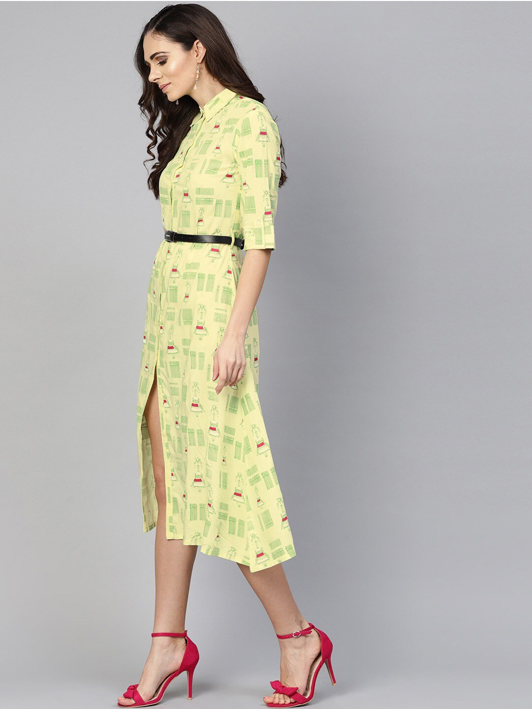 

Tulsattva Yellow & Green Printed Front Slit A-Line Midi Dress