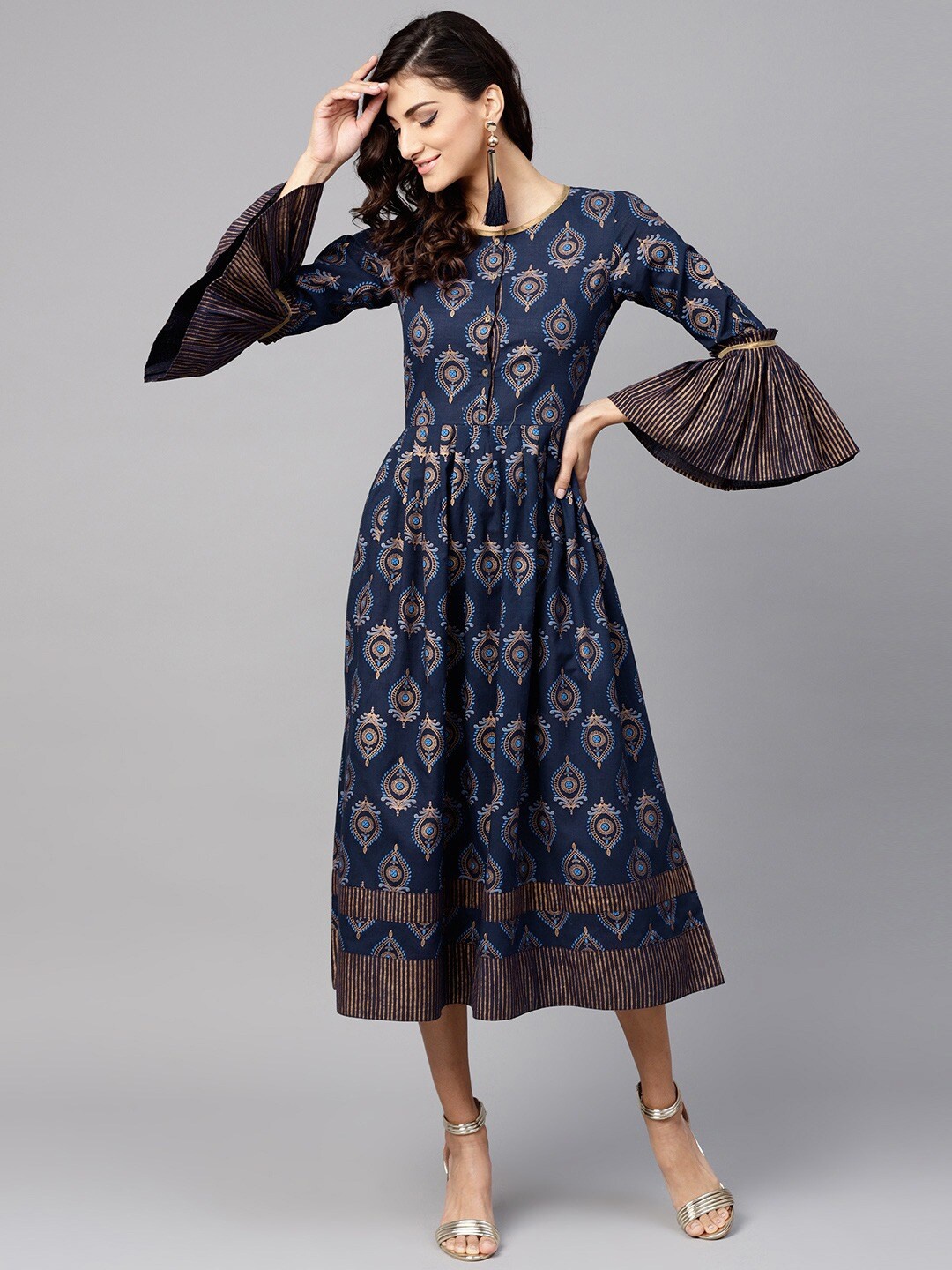 

Tulsattva Navy Blue & Golden Ethnic Motifs Printed Cotton Ethnic Fit & Flare Midi Dress