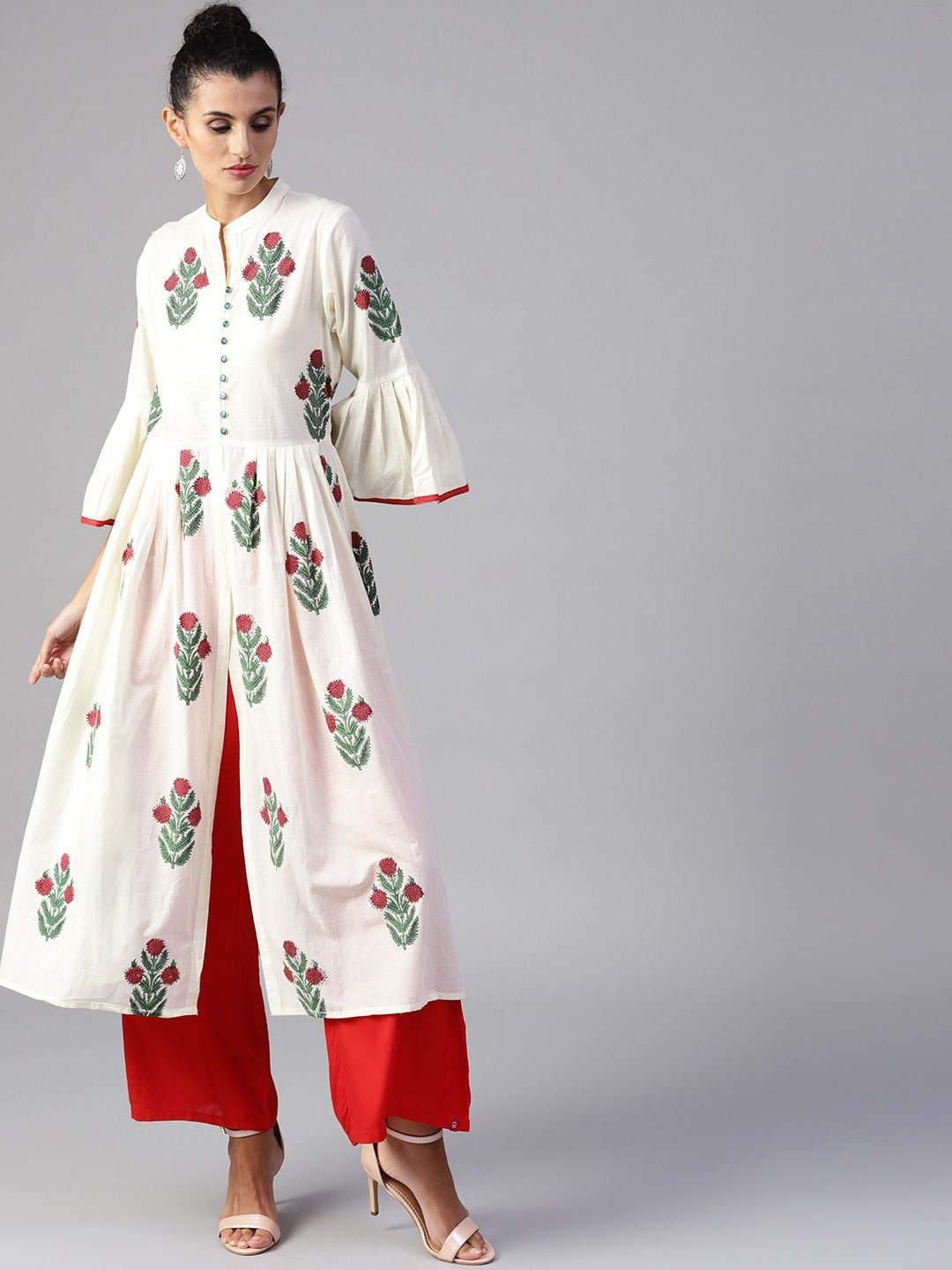 

Tulsattva Women Off White & Red Floral Printed A-Line Kurta