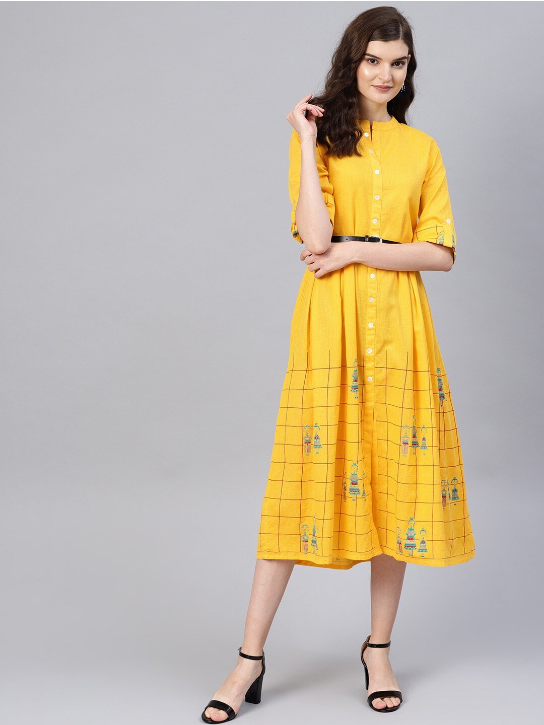 

Tulsattva Yellow Checked A-Line Midi Dress