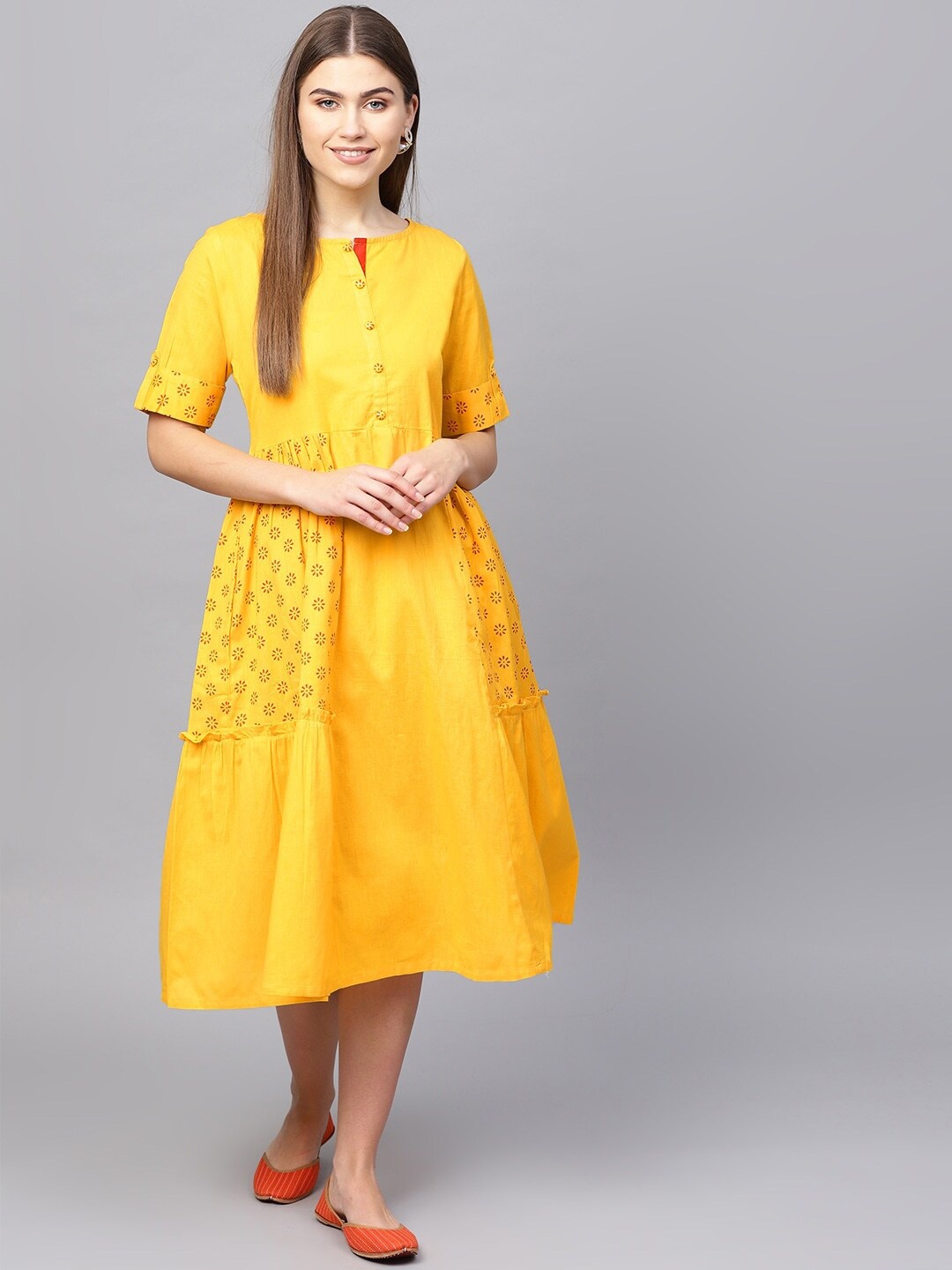 

Tulsattva Mustard Yellow Ethnic Motifs Ethnic A-Line Cotton Midi Dress