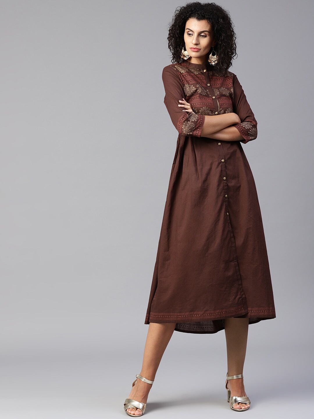 

Tulsattva Women Coffee Brown & Cream-Coloured Ethnic Motifs Printed Cotton A-line Kurta