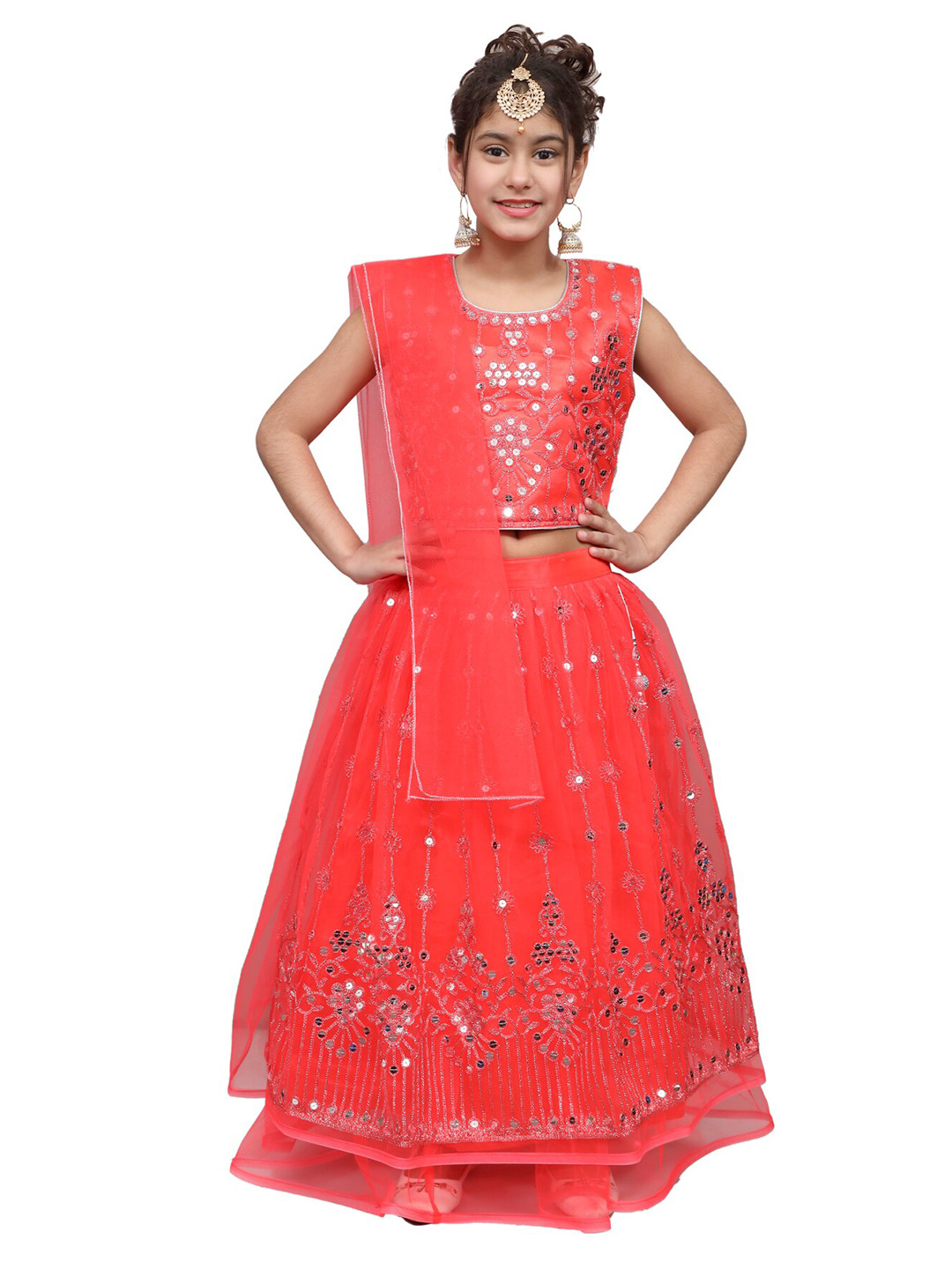 

SKY HEIGHTS Girls Orange Embellished Ready To wear Lehenga & Blouse with Dupatta