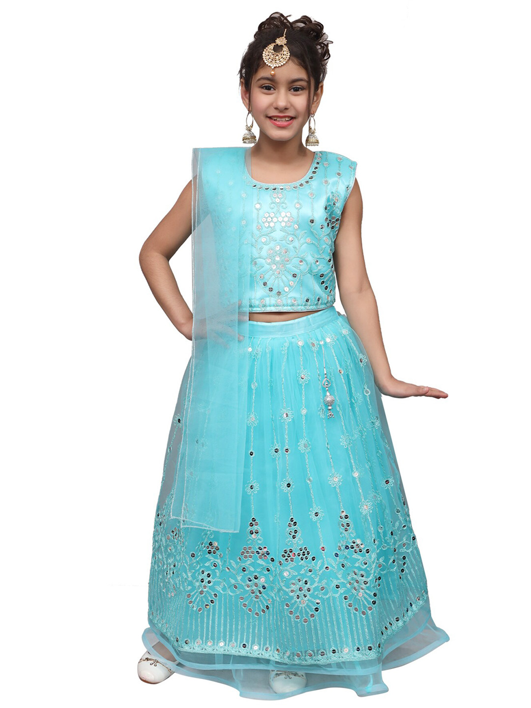 

SKY HEIGHTS Girls Blue Embellished Ready to Wear Lehenga & Blouse With Dupatta