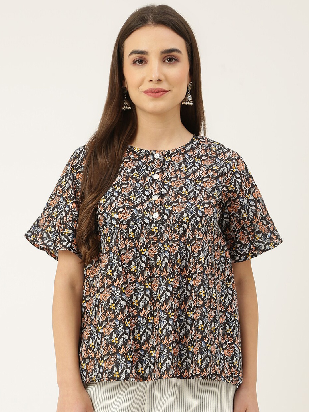 

DECKEDUP Women Black Printed Pure Cotton Top