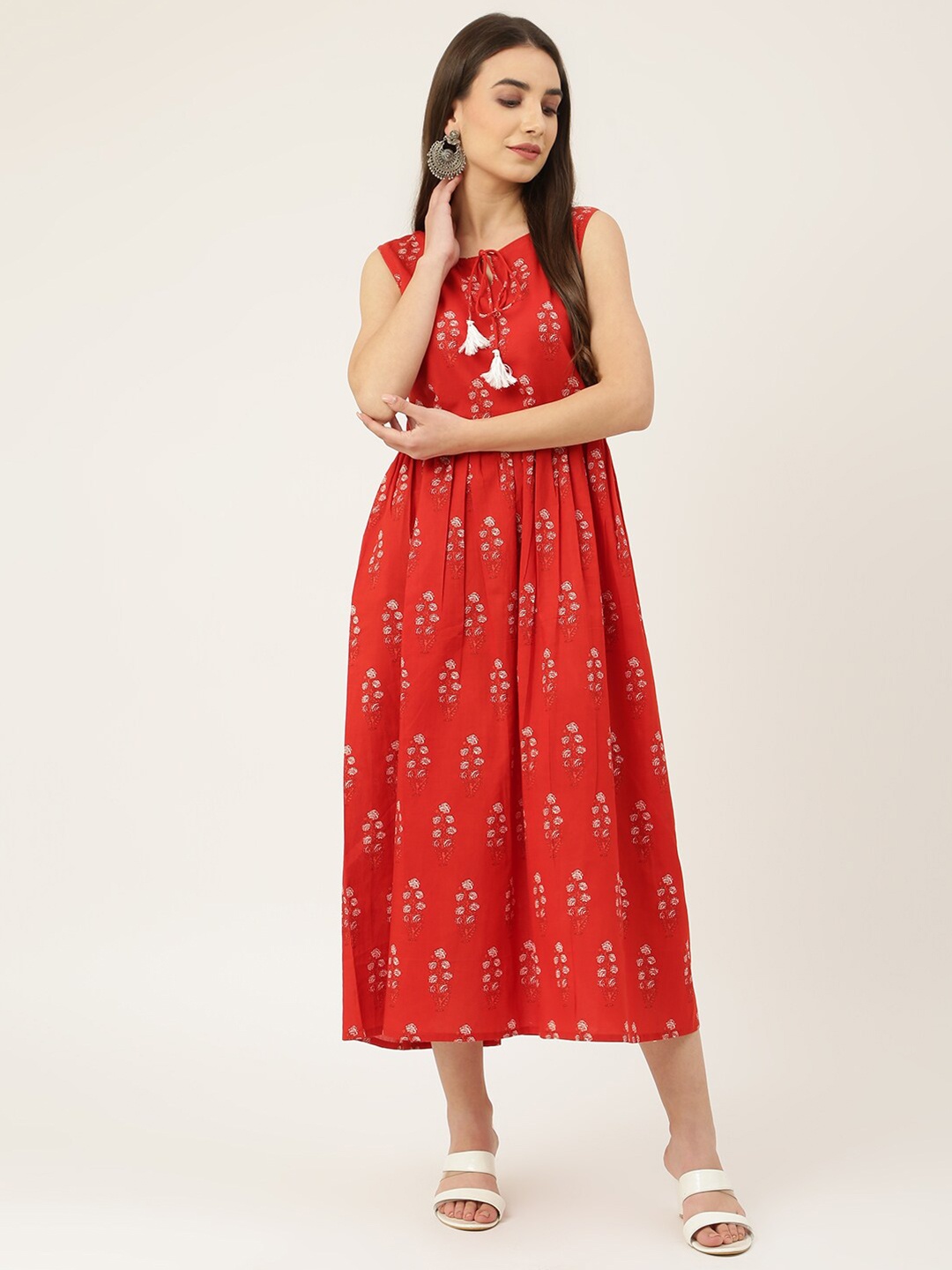 

DECKEDUP Red Ethnic Motifs Midi Dress