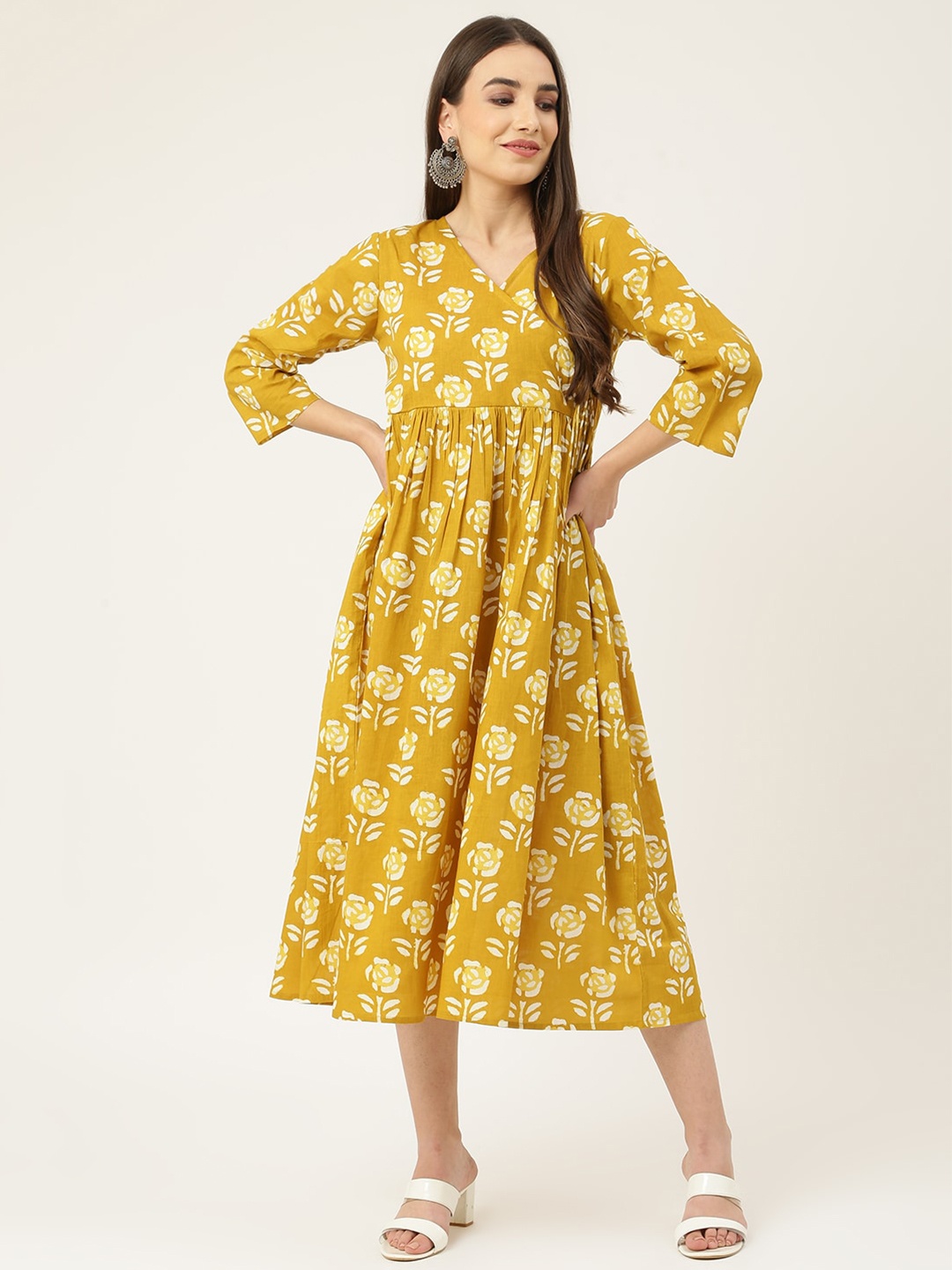 

DECKEDUP Women Mustard Yellow & White Floral Midi Dress