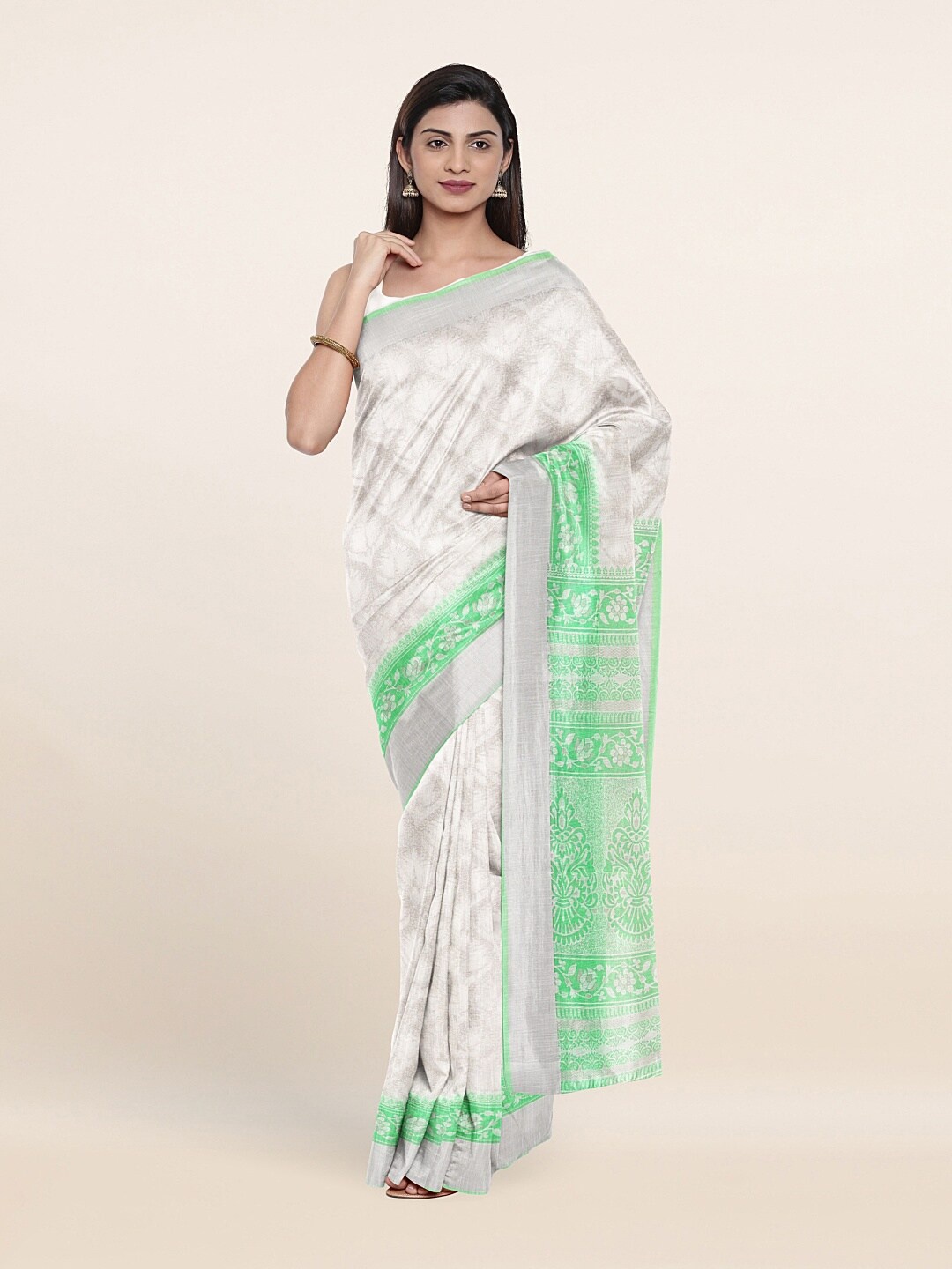 

Pothys Off White & Green Floral Zari Saree