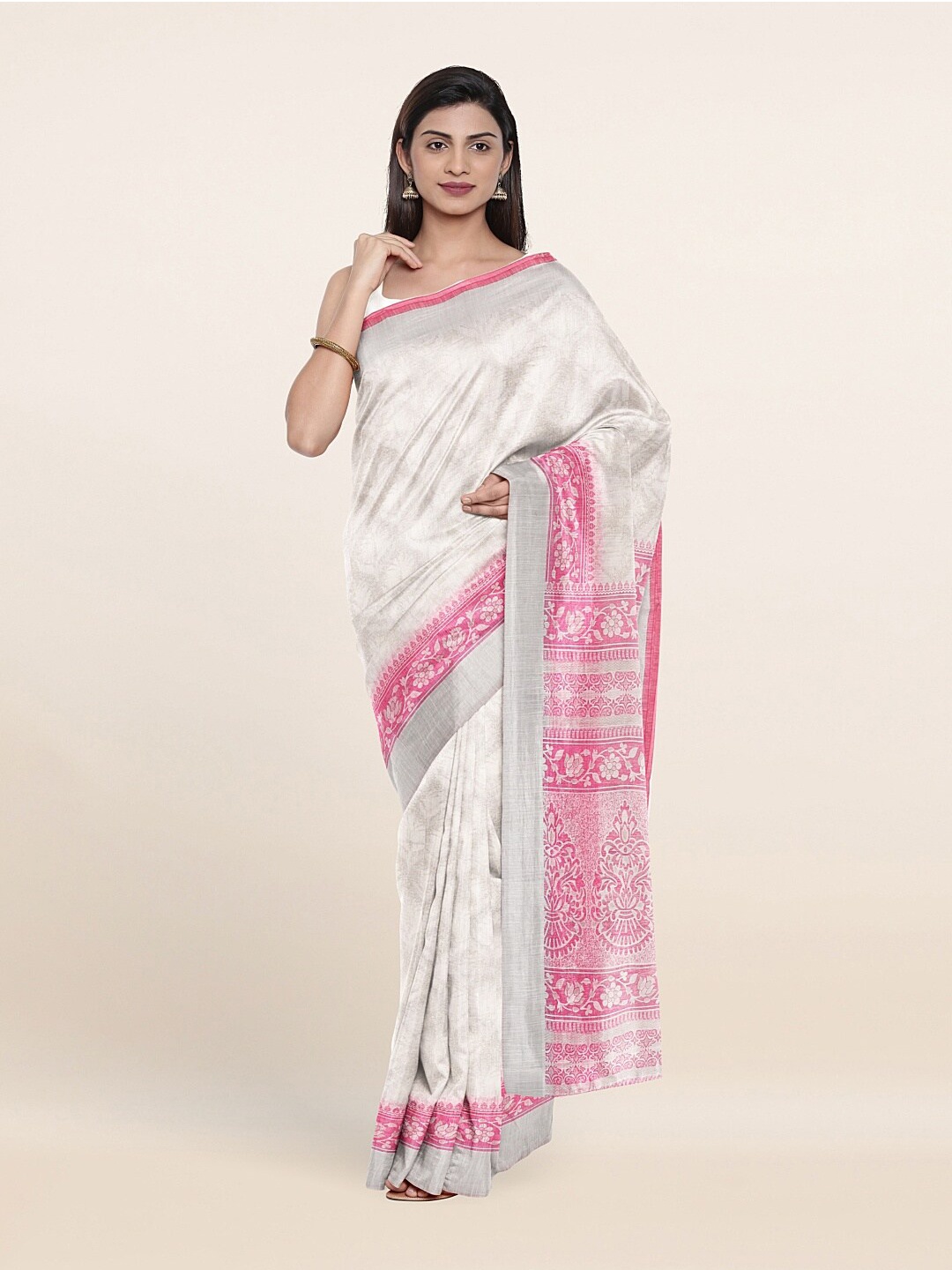 

Pothys Off White & Pink Floral Zari Border Cotton Blend Saree