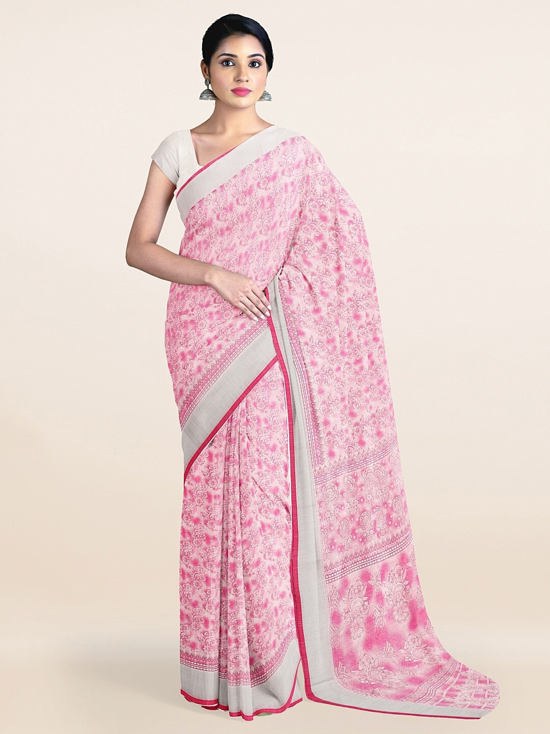 

Pothys Pink & Off-White Floral Printed Zari Saree