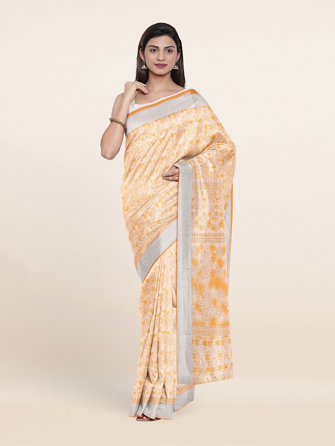 

Pothys Yellow & Off-White Floral Printed Zari Saree