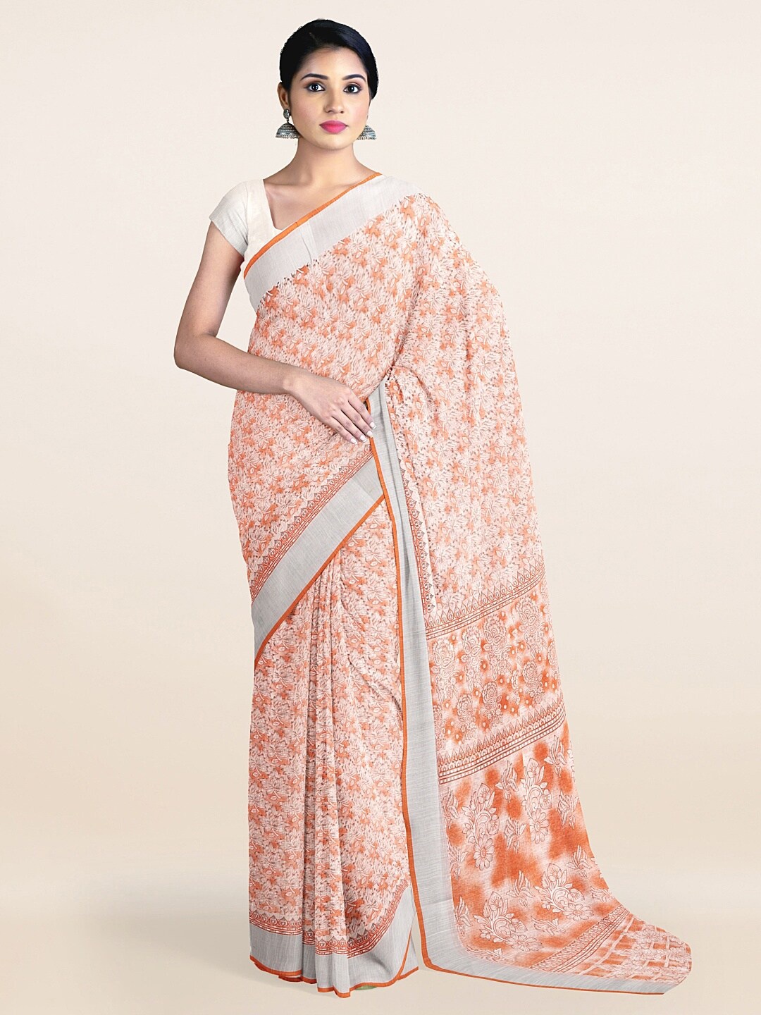 Pothys Orange & Off-White Floral Printed Zari Saree