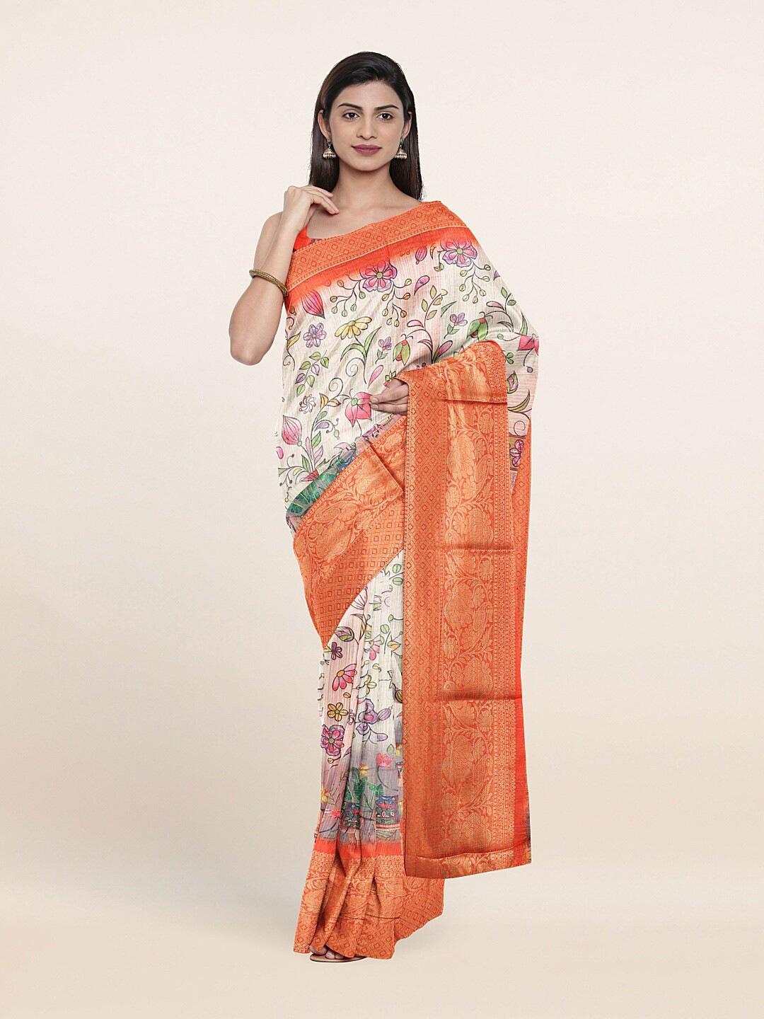 

Pothys Off White & Golden Ethnic Motifs Zari Pure Cotton Saree