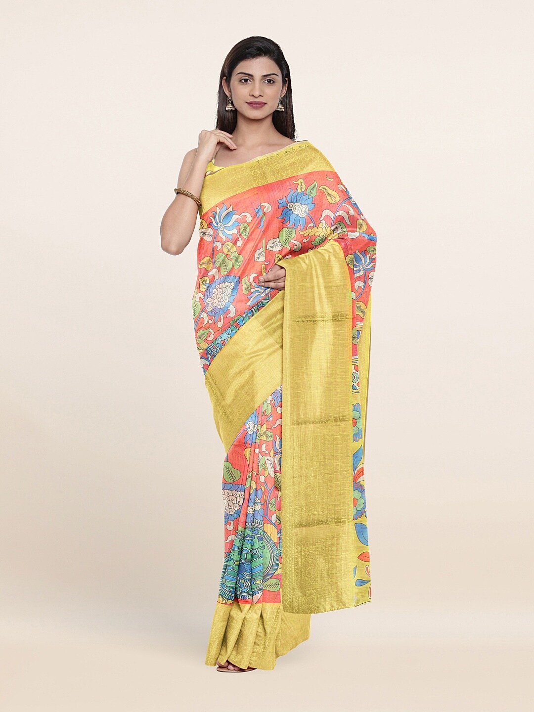 

Pothys Peach-Coloured & Yellow Ethnic Motifs Pure Cotton Saree